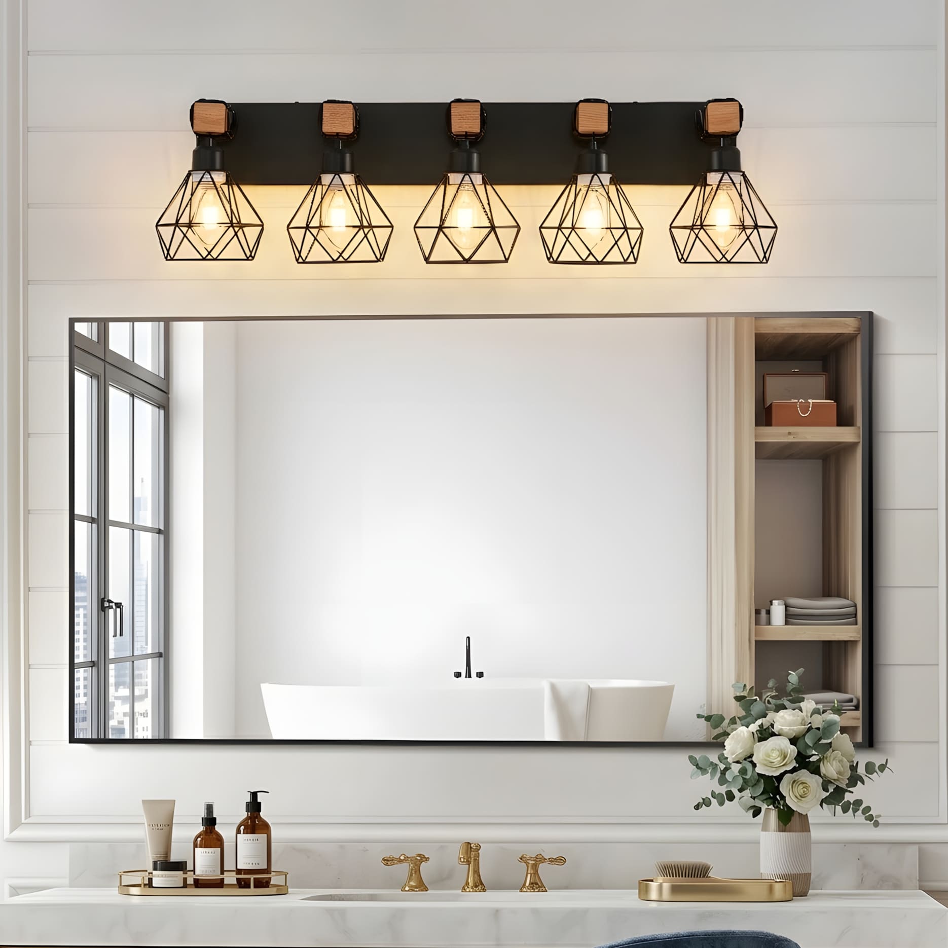 RCCFBHM 31-in 5-Light Modern Geometric Vanity Light with Wood Accents and Cage Shade