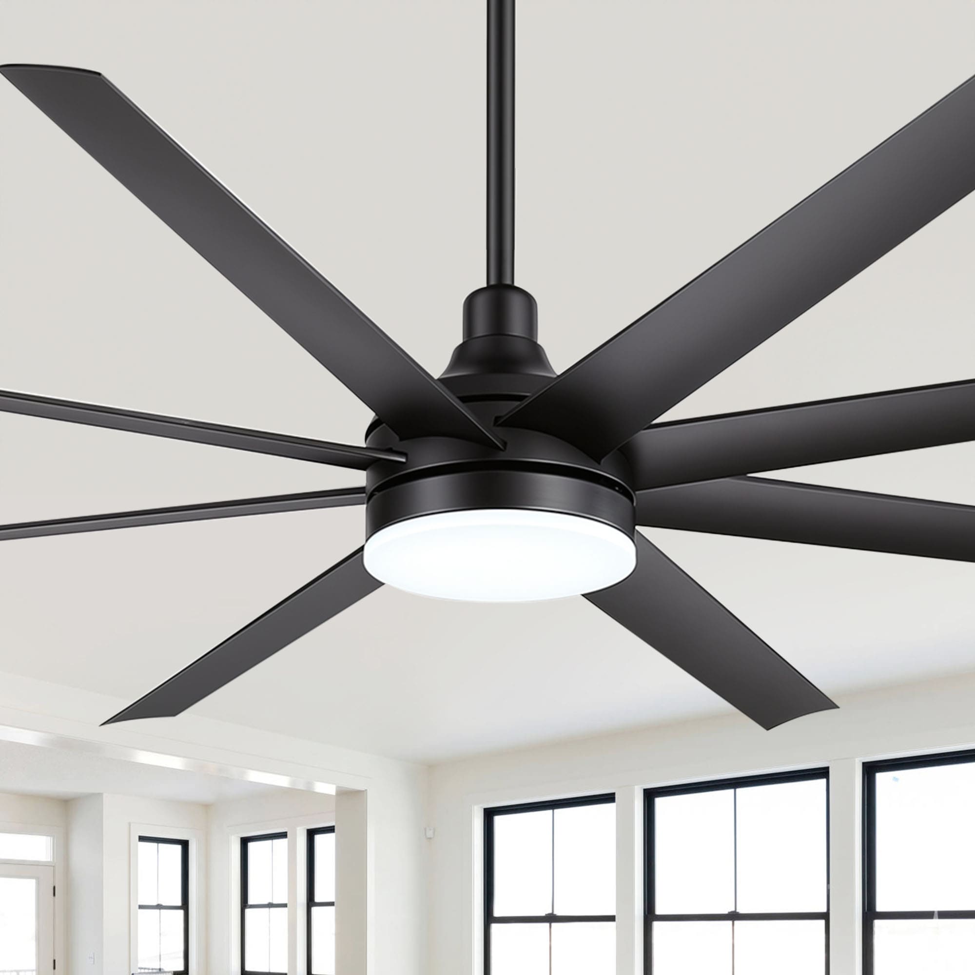 Flashwind 72-in Matte Black LED Downrod Mount Ceiling Fan With Remote Control Included 8-Blade for Great Rooms