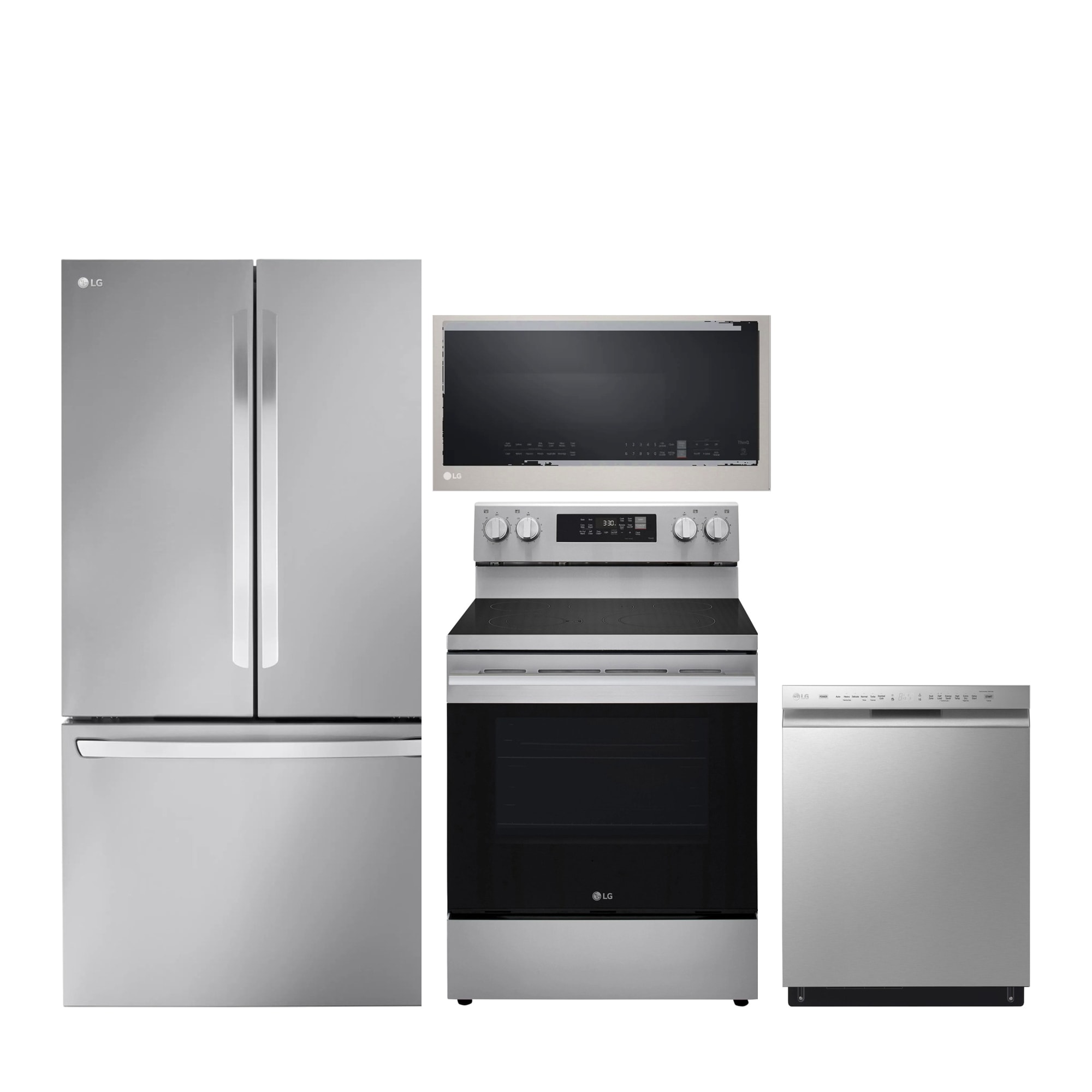 Counter-Depth French Door Refrigerator, Electric Range, Dishwasher and Over-the-Range Microwave Kitchen Appliance Package, Stainless Steel