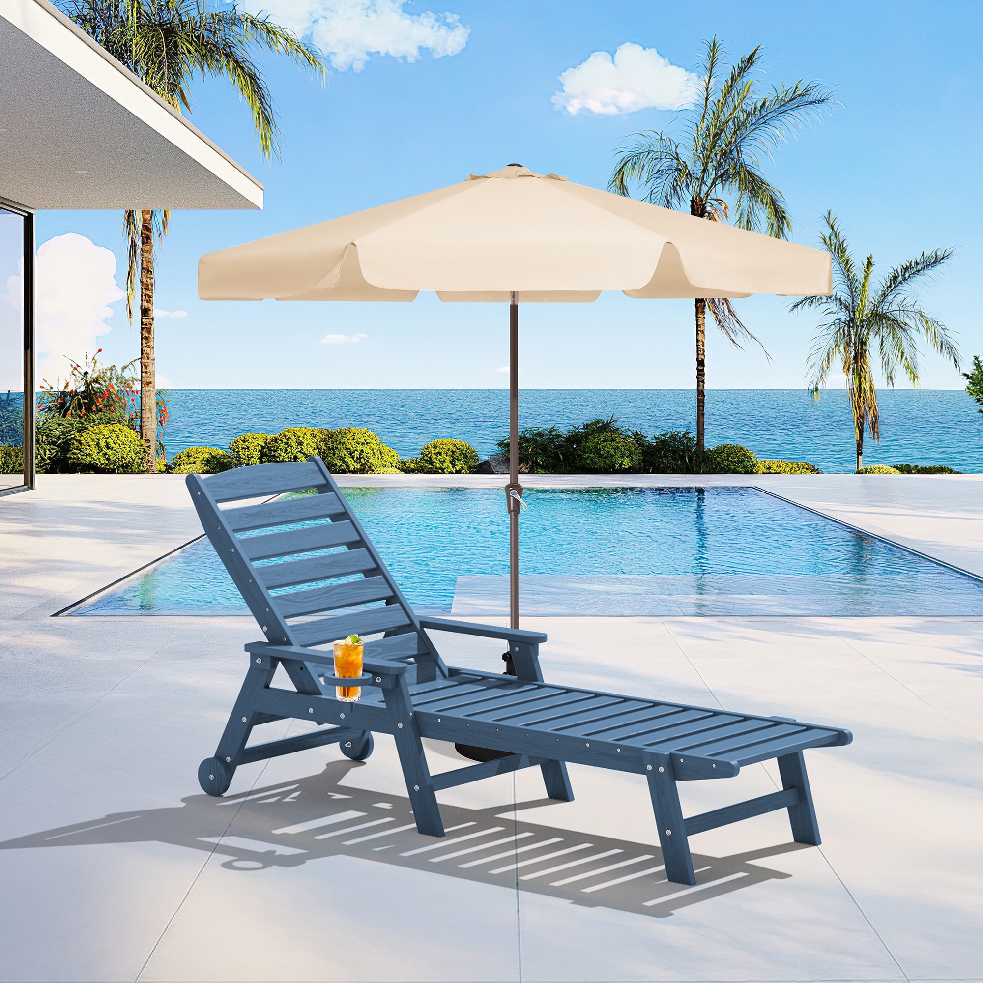 JEAREY TRJCTY-NY Lounge Chair with Wheels and Cup Holder Navy HDPE Frame Stationary Chaise Lounge Chair with Slat Seat