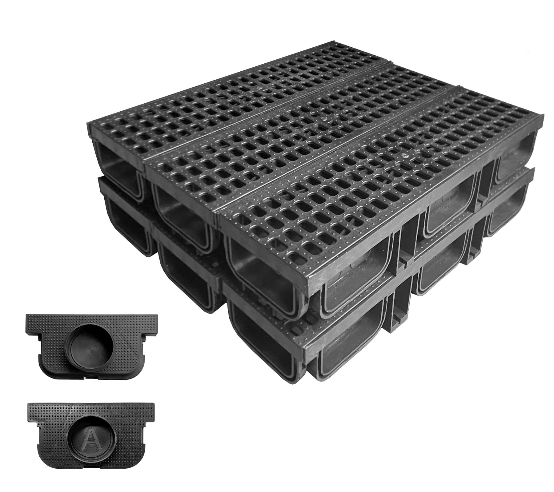 Vrbgify  6 Pack 19.7 x 5.5 x 3.7 in Channel Drain System with Grates Total 118.2 in Length Yard Trench Drain with 2 Outlet Adapters for Sidewalk Patio