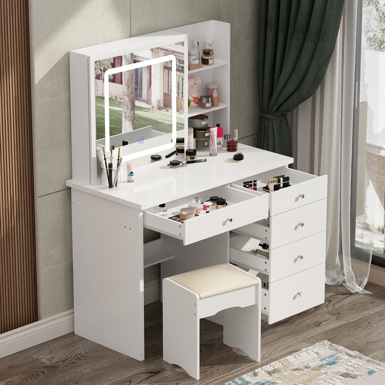 FUFU&GAGA Contemporary White Makeup Vanity Table with Mirror and Stool - 5 Drawers, Adjustable Light Modes and Brightness