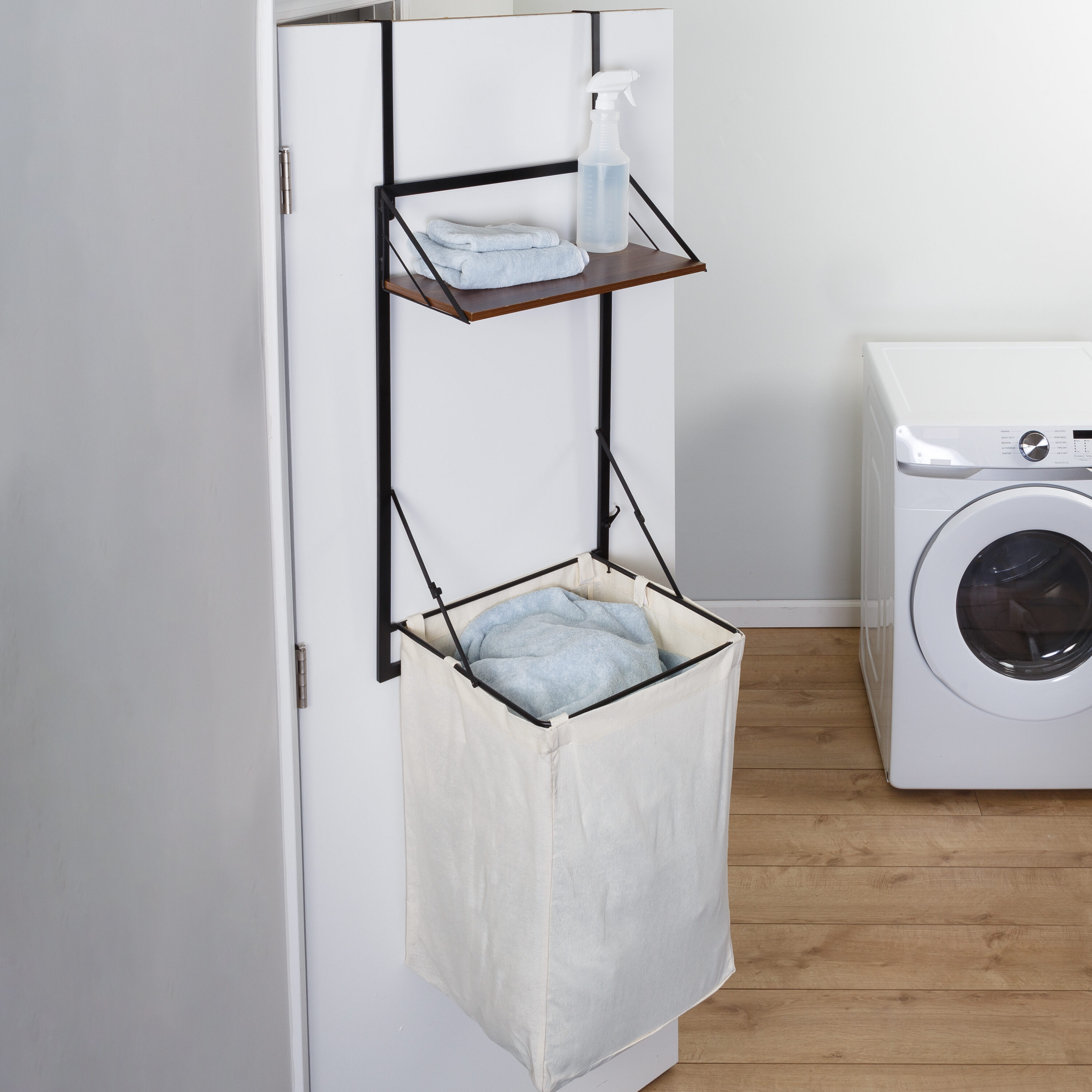 Black and Walnut Collapsible Wall-Mounted Laundry Hamper with Shelf