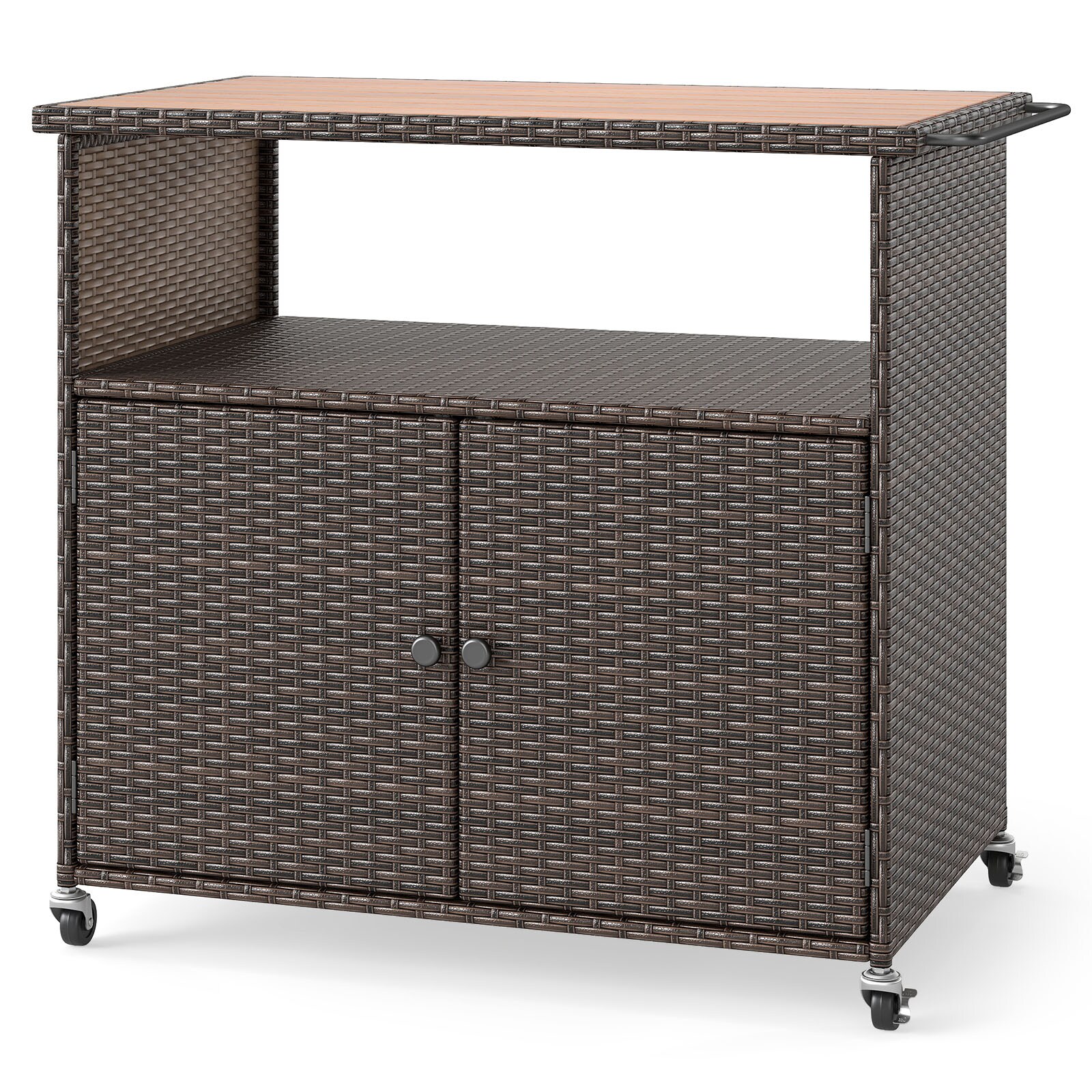 Slickblue Mix Brown Finish PE Rattan Acacia Wood Patio Organizer Outdoor Storage Cart Rolling Cabinet with Countertop and Doors