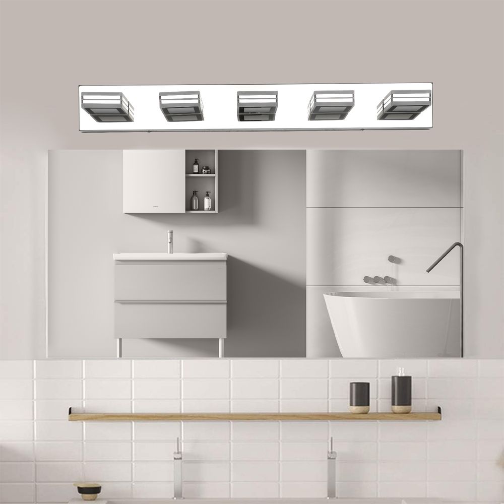 Blisstyle 32 Inch Modern Chrome 5 Light LED Vanity Light Square Acrylic Lampshades Wall Mount Fixture for Bathroom Mirror Lighting Lighting Living Room Lighting Chrome Iron