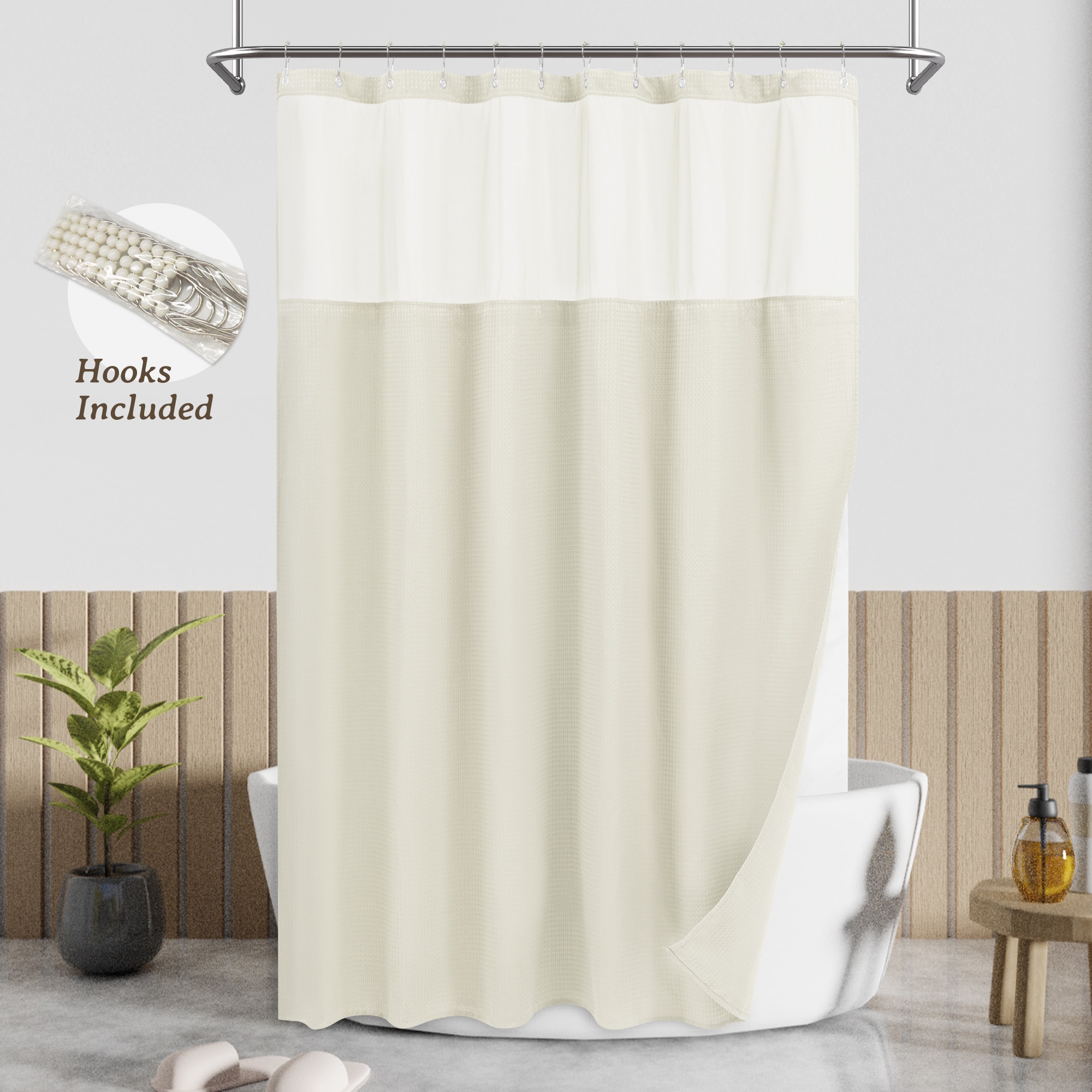 Awesome Home Hooks Included 71-in W x 84-in L Cream Dobby Waffle Polyester Shower Curtain with Snap-in Liner