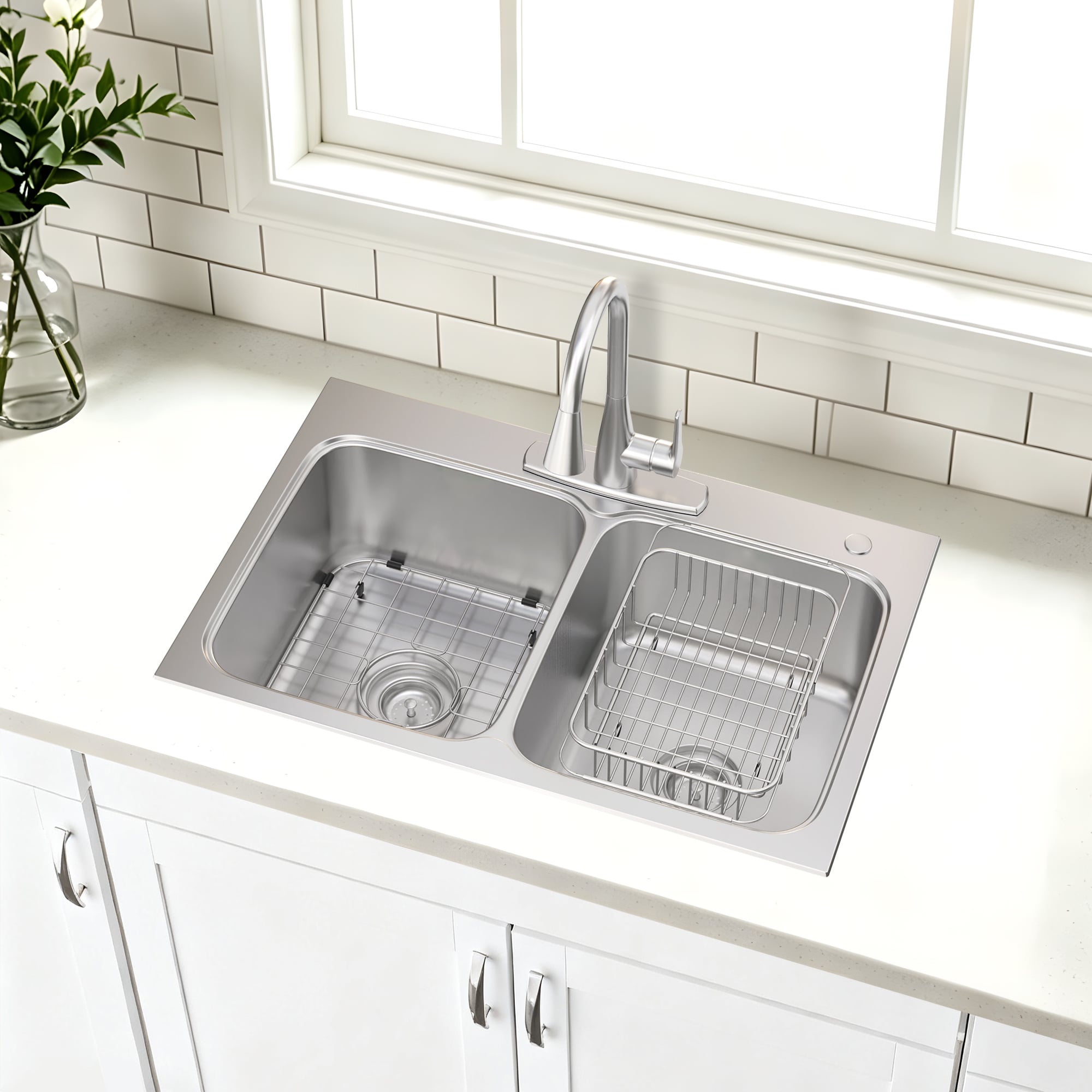 Project Source Drew Drop-in 33-in x 22-in Stainless steel Double equal bowl 20 -Gauge Kitchen Sink All-in-One Kit