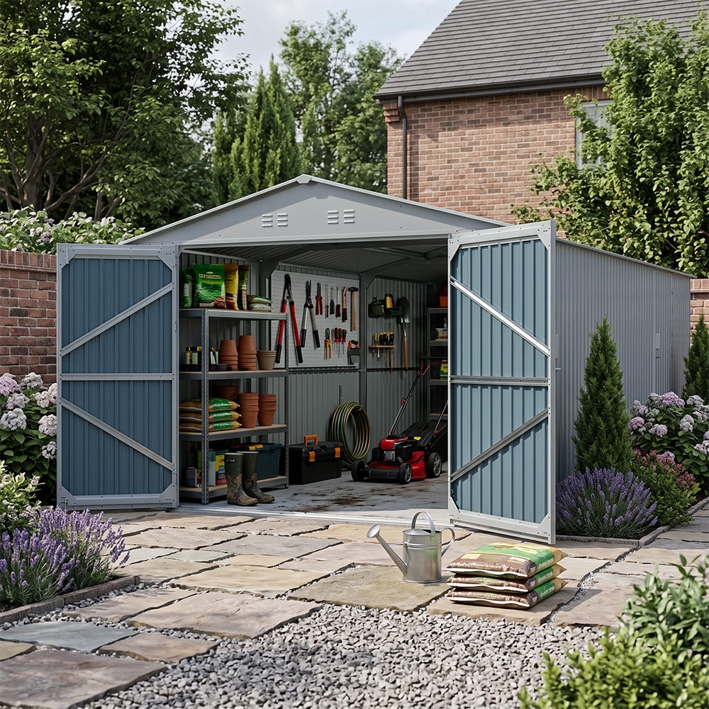 Coolbibila - 20 x 10 FT Light Gray Outdoor Storage Shed with Double Doors Galvanized Steel Garage...