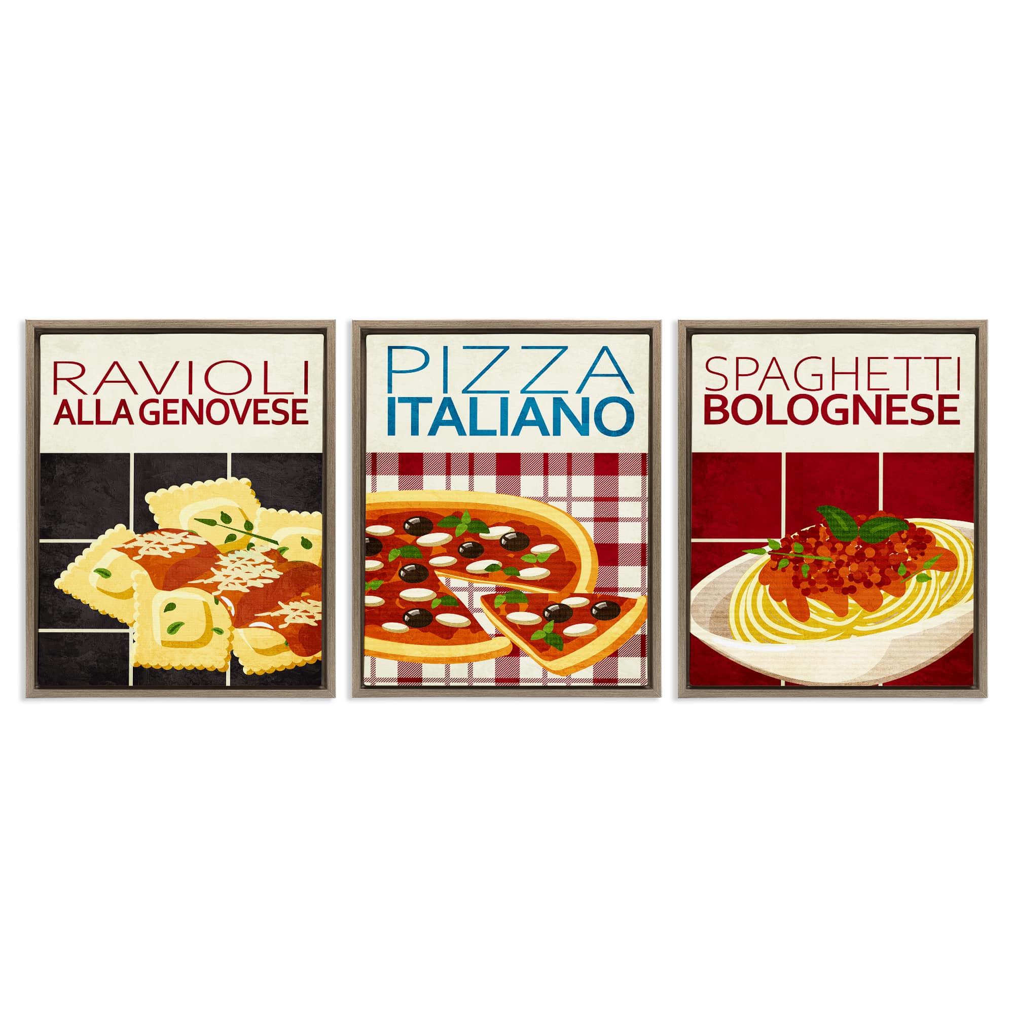 Stupell Industries A3-454-FFE-3PC-16X20 Classic Italian Pasta Meals 3 Piece Brown Framed Floater Canvas Set By Kim Allen 17 x 21