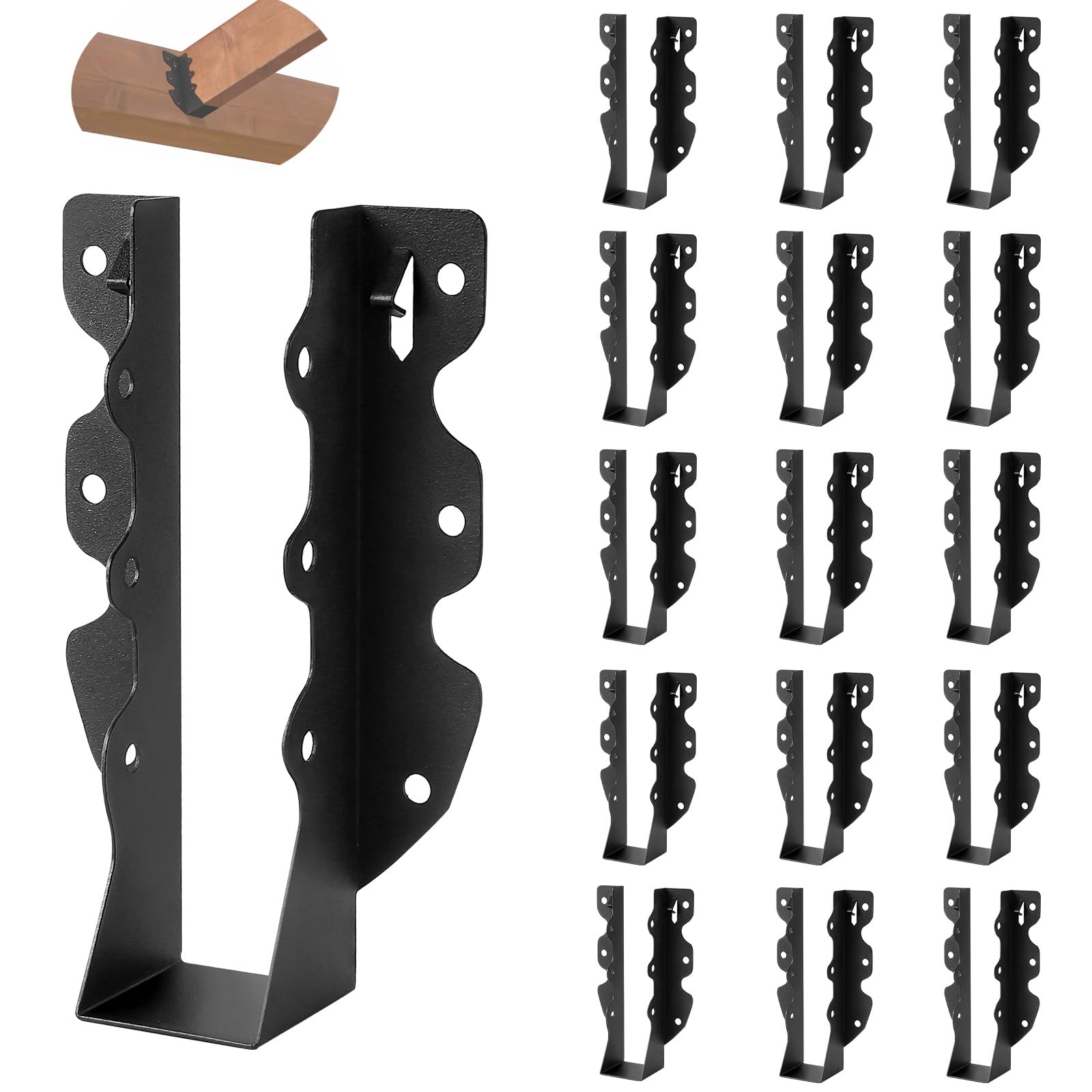 Phyfalip  2x8 Joist Hangers 16 pcs Black Powder Coated Steel Hurricane Ties for Rafters Joist Brackets for Ceiling Joists Floor Decks Pergolas