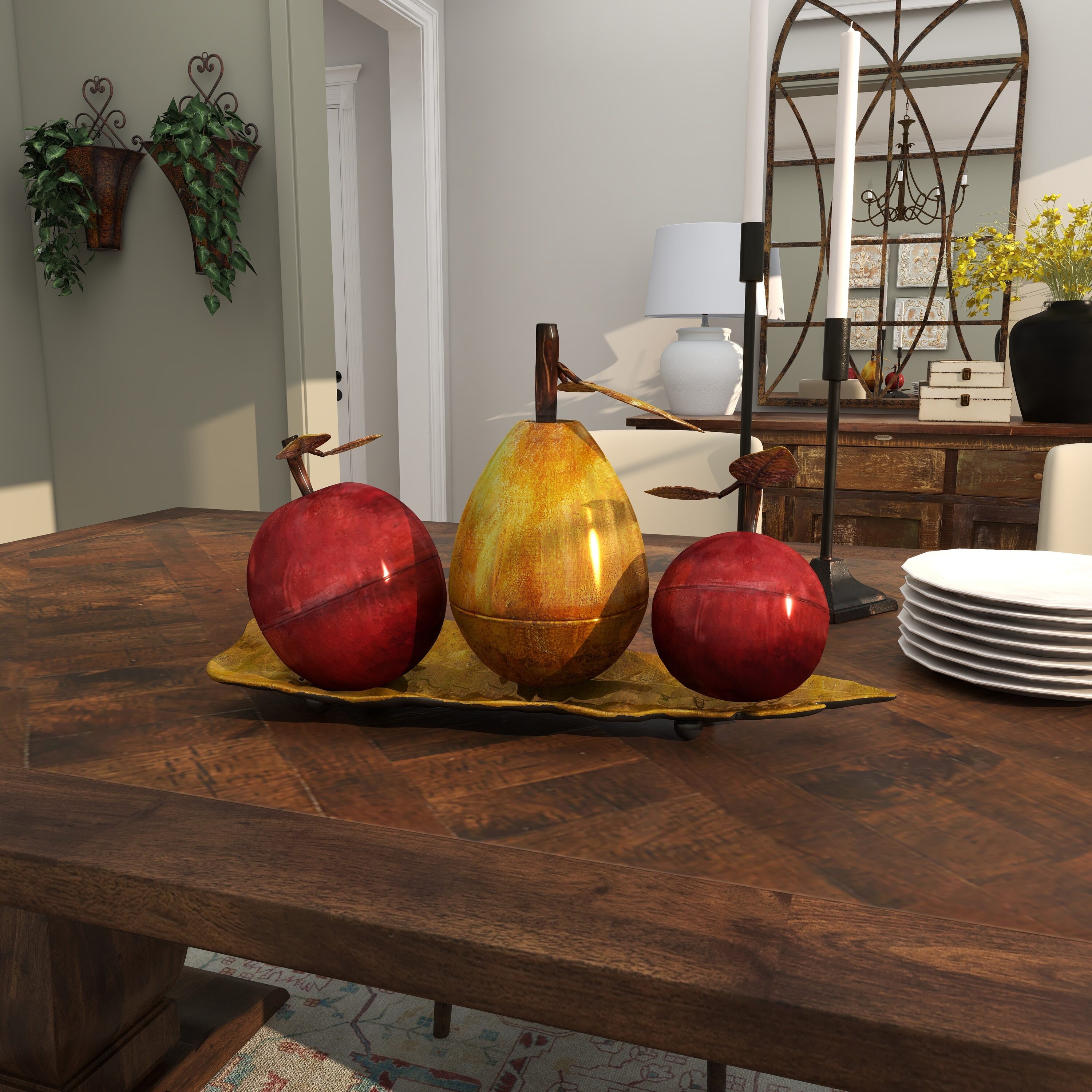 Glossy Red Apple and Yellow Pear Metal Sculpture on Leaf Tray