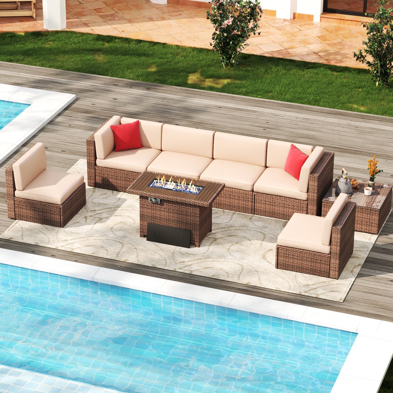 AOXUN G12039BUAB+G25026BR 8 -Piece Rattan Patio Sofa Conversation Set with Brown Cushions