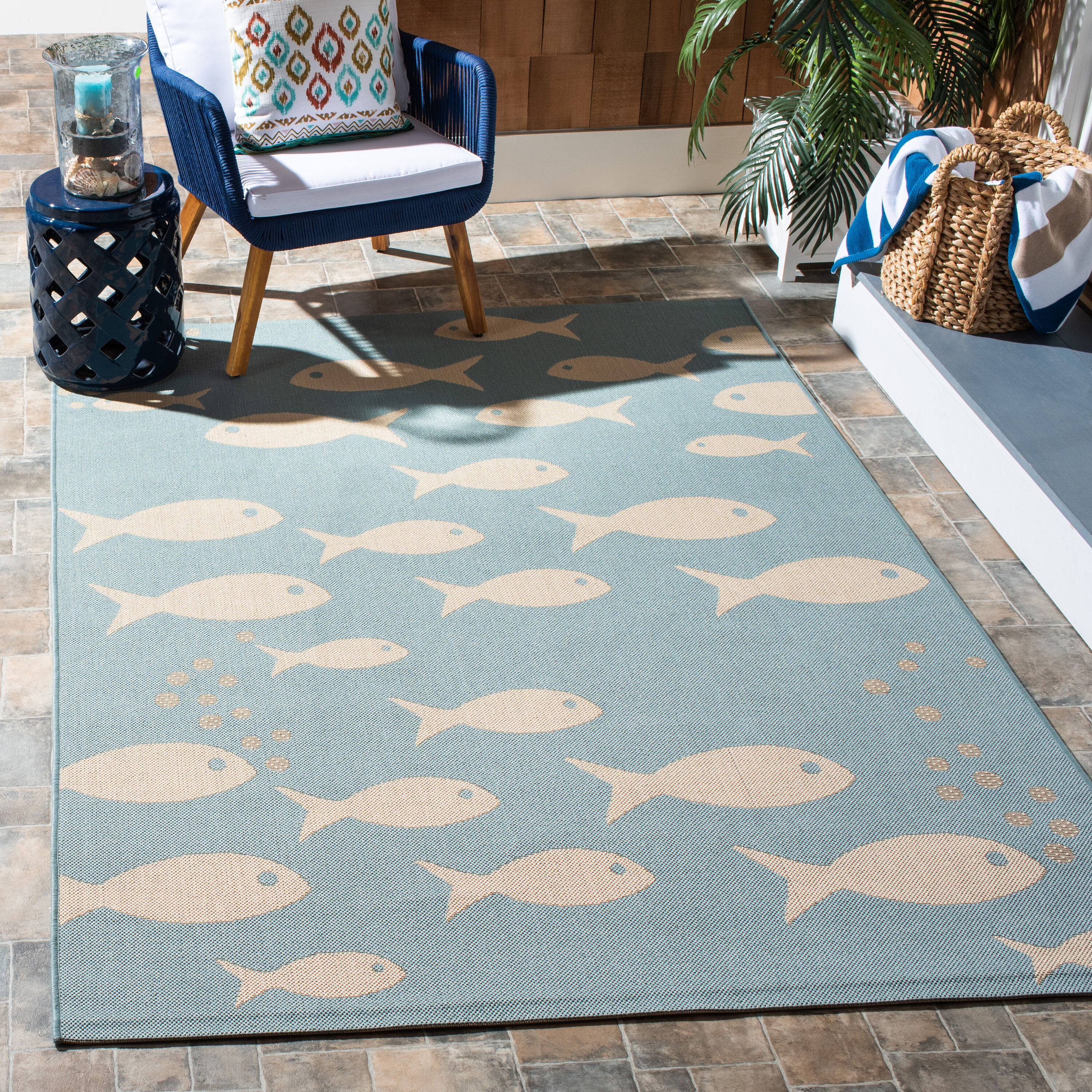 Safavieh CY6012-223-6 Courtyard 7 x 10 (ft) Loomed Synthetic Aqua/Beige Rectangular Indoor/Outdoor Geometric Area rug