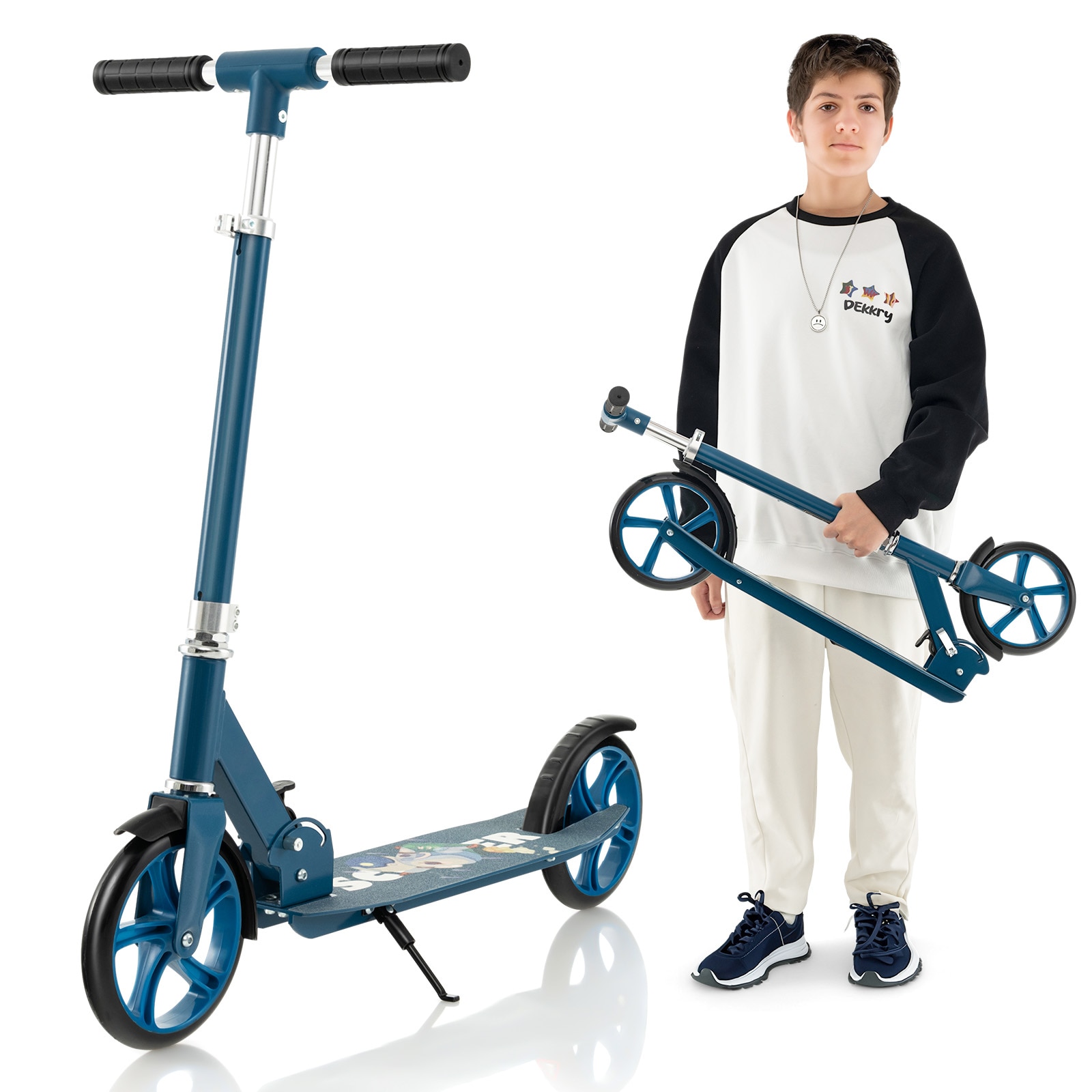 Slickblue Foldable Kick Scooter with Adjustable Handlebar Heights Aluminum Alloy Frame PU Wheels and Anti-Slip Deck Blue