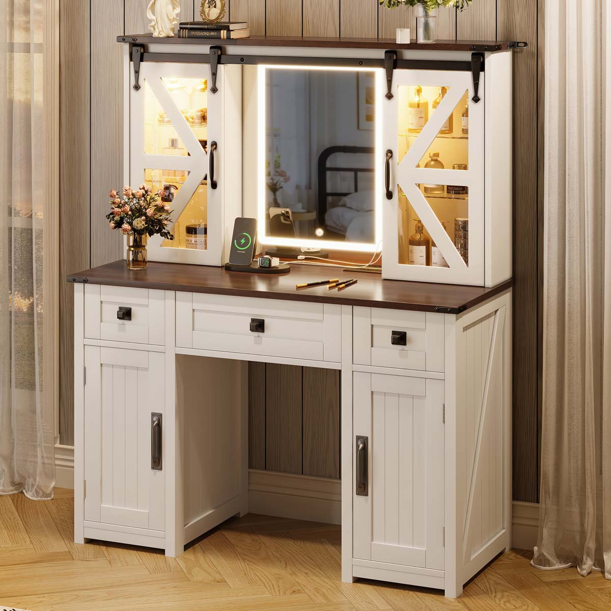 ModernLuxe Stool NOT Included 43.3inch Farmhouse Makeup Vanity Desk with Lighted Mirror Vanity Table Set with Charging Station Dressing Table with Sliding Barn Door Hidden Shelves 3 Drawers 4 Cabinets Beige Stool NOT Included