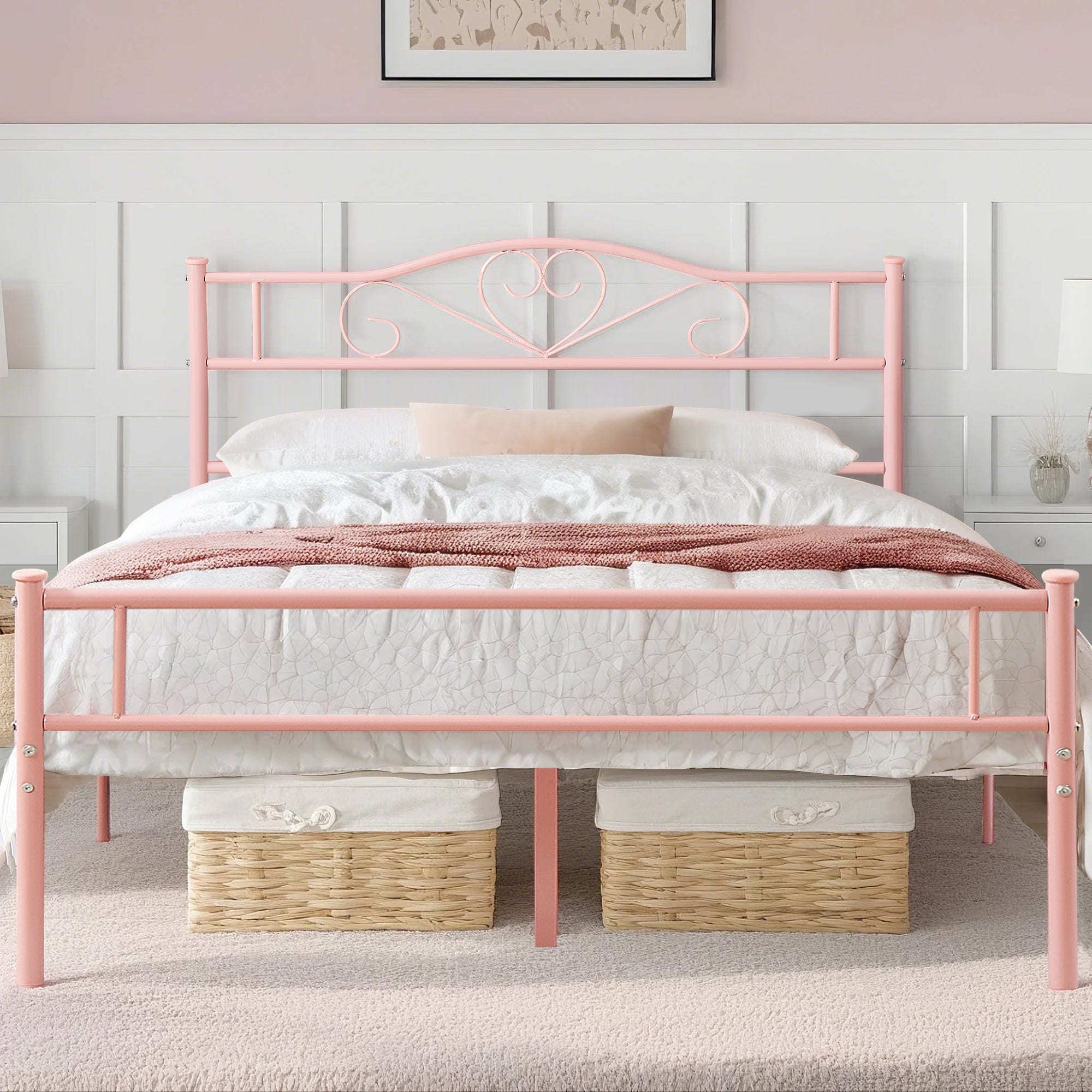 Vecelo LOE-YT-F11-PINK Inch Full Size Bed Frame Metal Slats Support Platform Pink