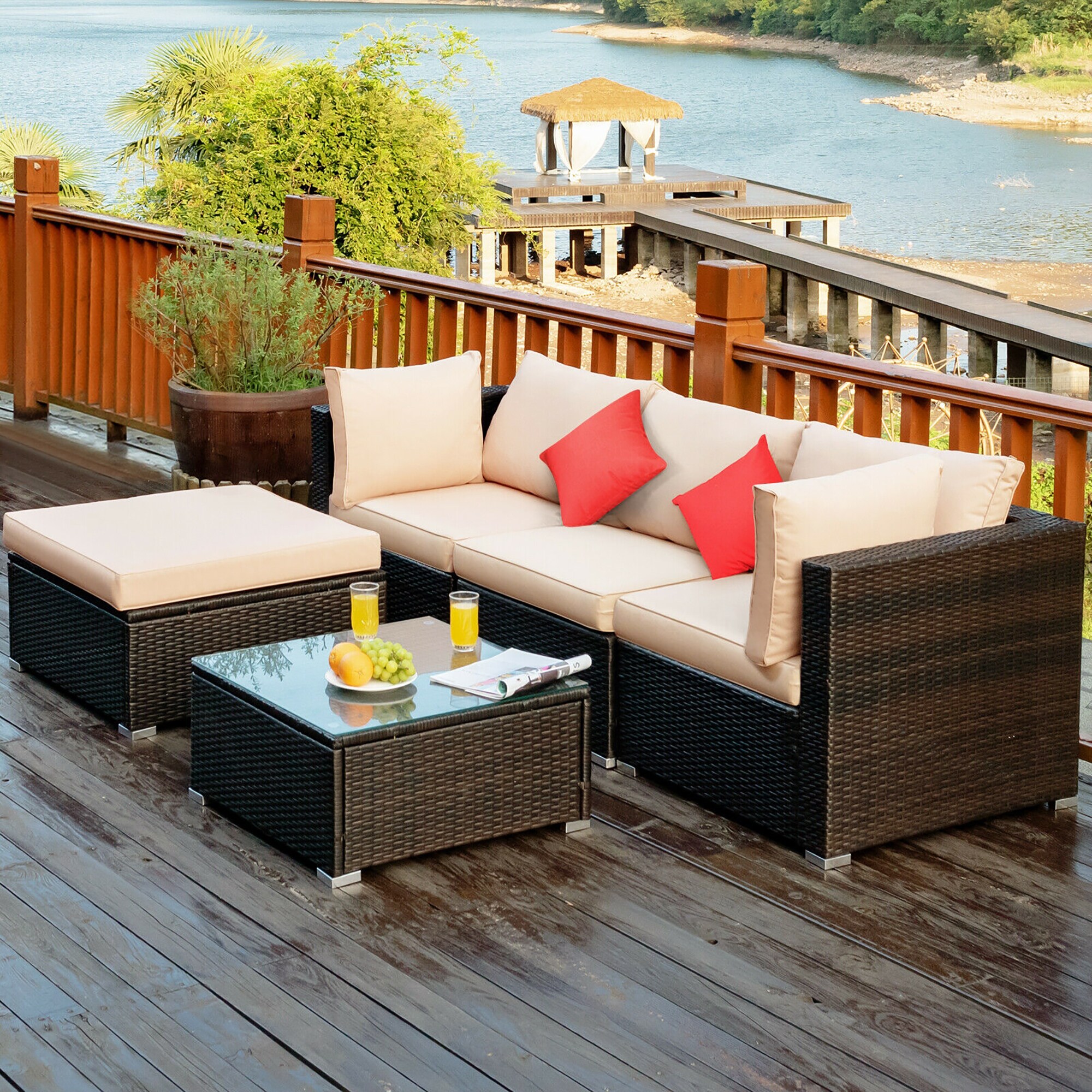 BABOOM BOM-8679-CO 5 -Piece Rattan 2 Patio Sofa Conversation Set with Off-white Cushions