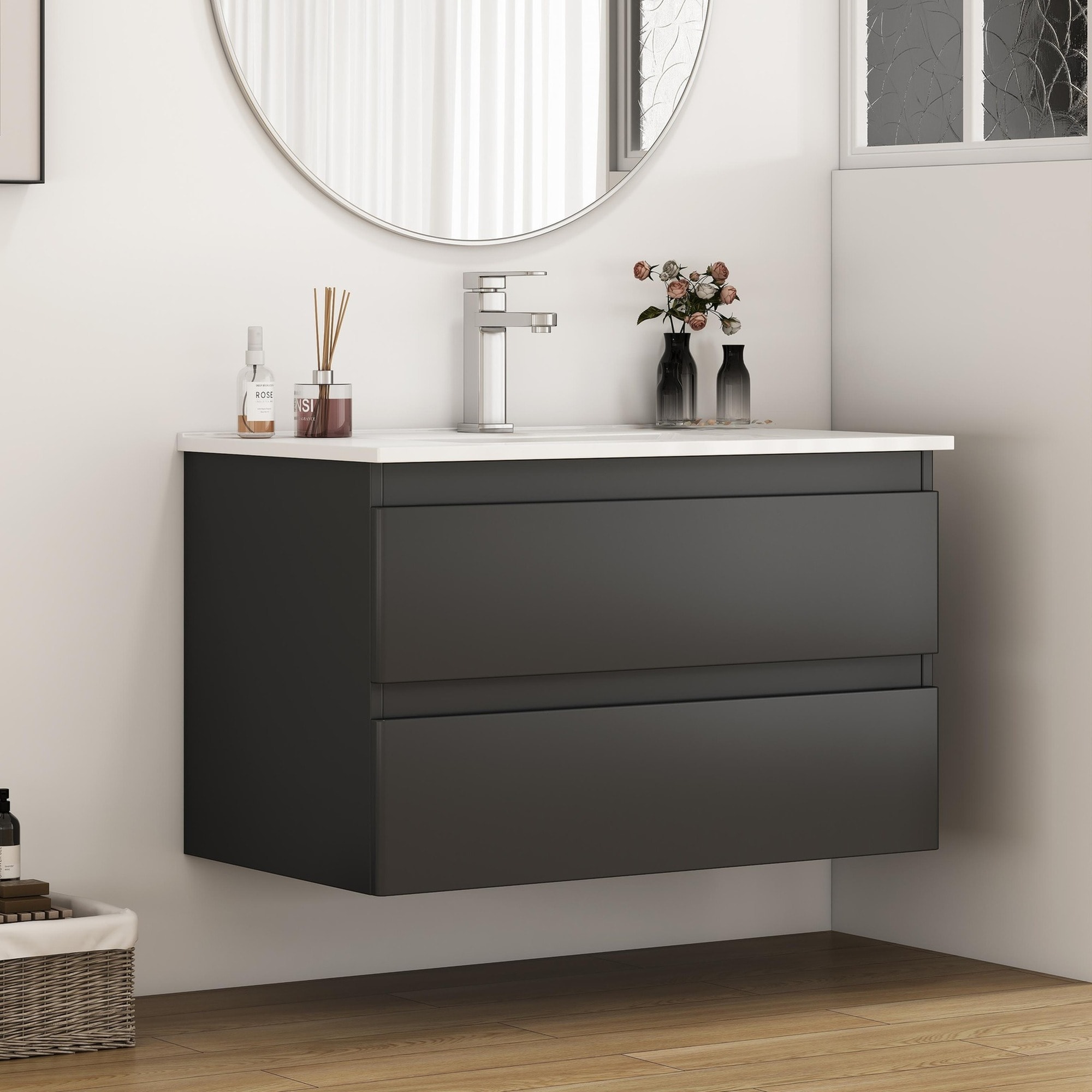 IAK 32 inch Black Brown Solid Wood Wall-Mounted Bathroom Vanity with Sink Combo and Soft-Close System
