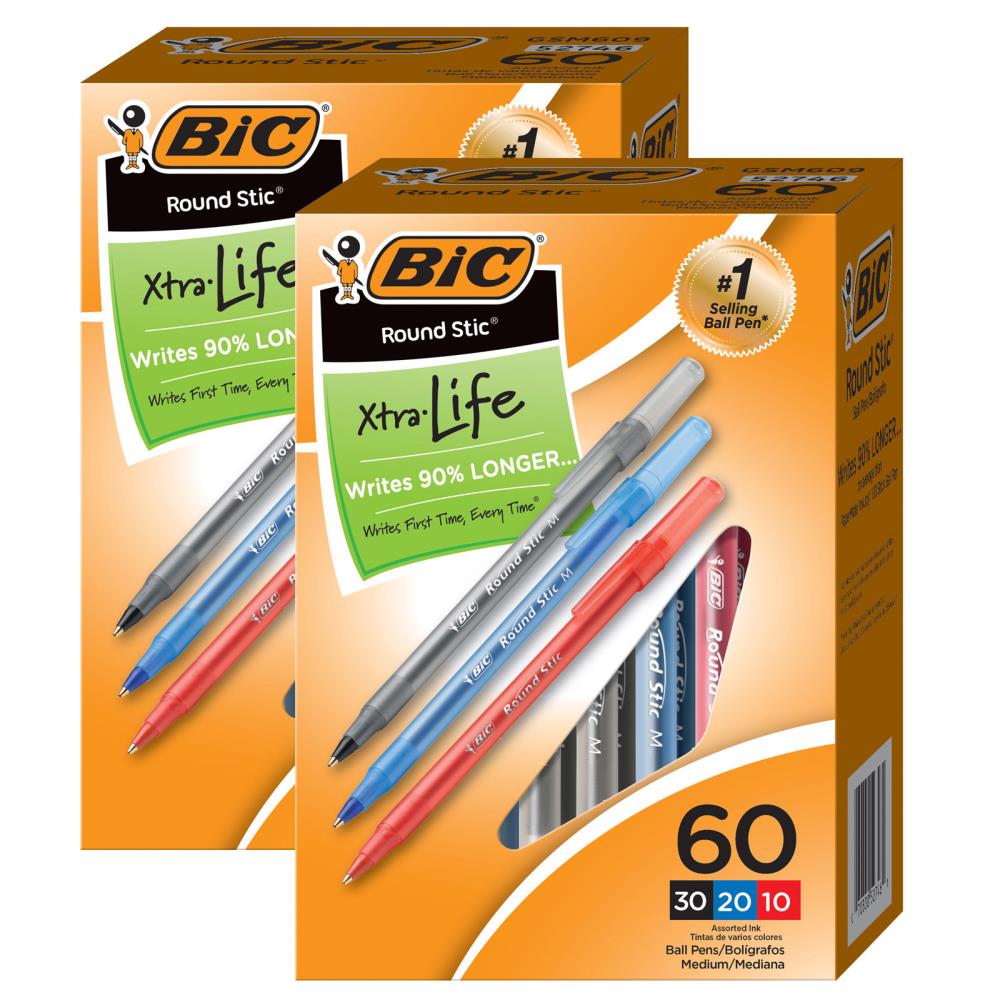BiC Round Stic Xtra Life Medium-Point Ball Pens Black 12 24 36 96 or 144 Count