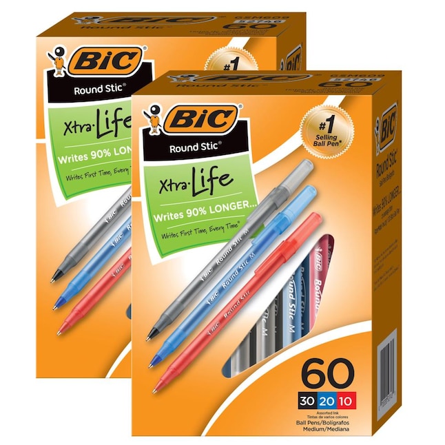 Medium Point Blue Ink 60/Pack 2 Pack BIC Round Stic Xtra Life Ballpoint Pens 