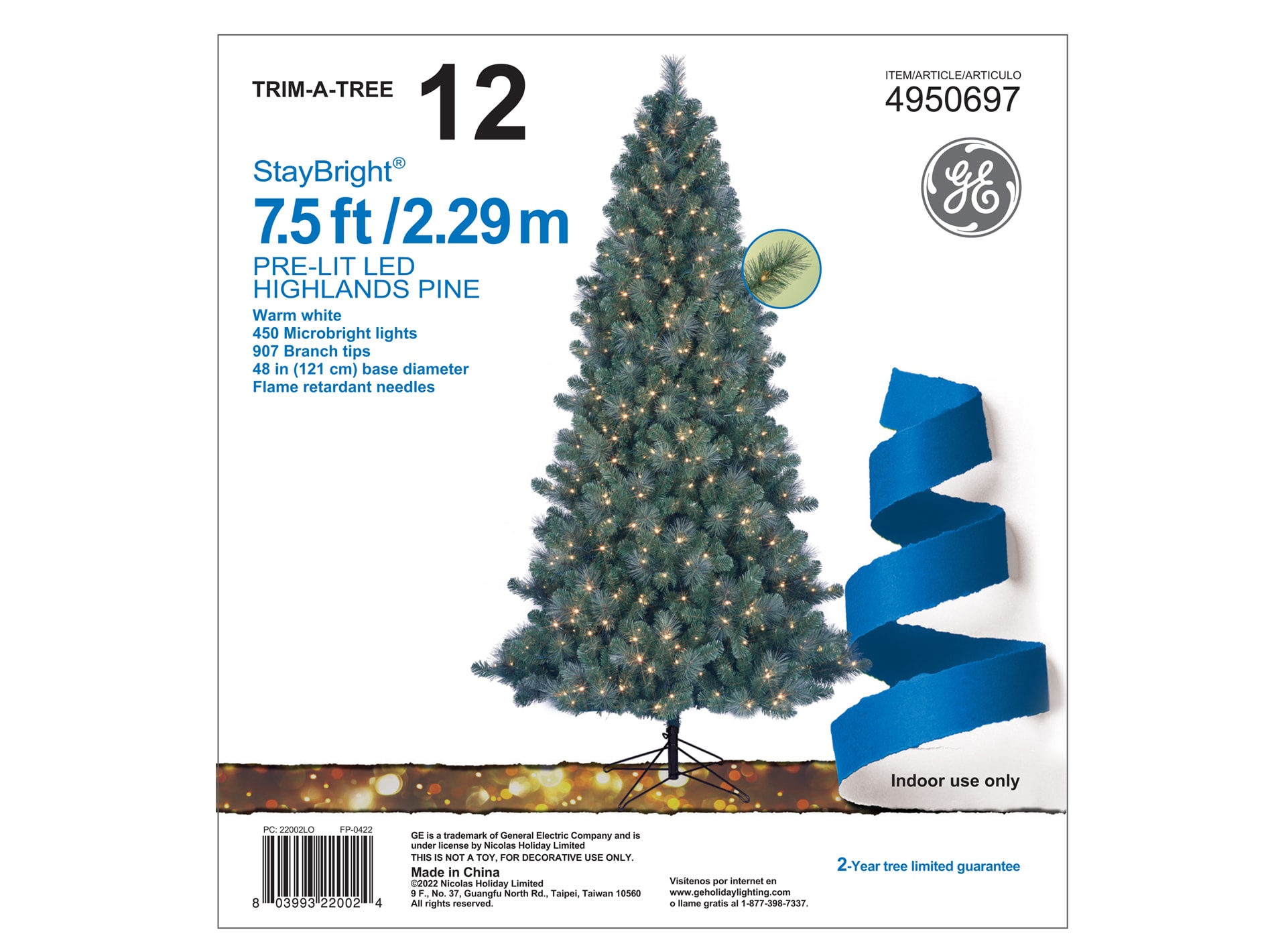 GE 7.5ft Highlands Pine Prelit Artificial Christmas Tree with LED Lights at