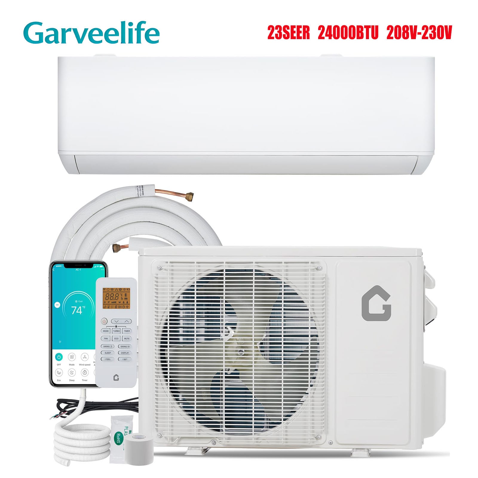 GarveeLife 18.5 SEER2 9000 BTU Mini Ductless Split Air Conditioner with Heat Pump 208-230V Cools Up to 450 SqFt WiFi Control Quiet Operation Installation Kit Included