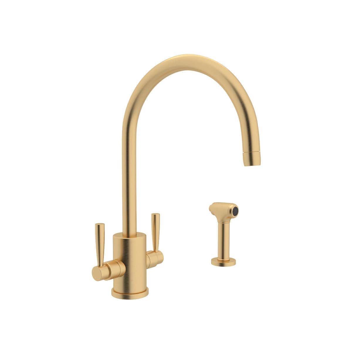 Rohl U.4312LS-SEG-2 Holborn 1.8 GPM Deck Mount High Arc Kitchen Faucet in Satin English Gold with Lever Handles (Side Spray Included)