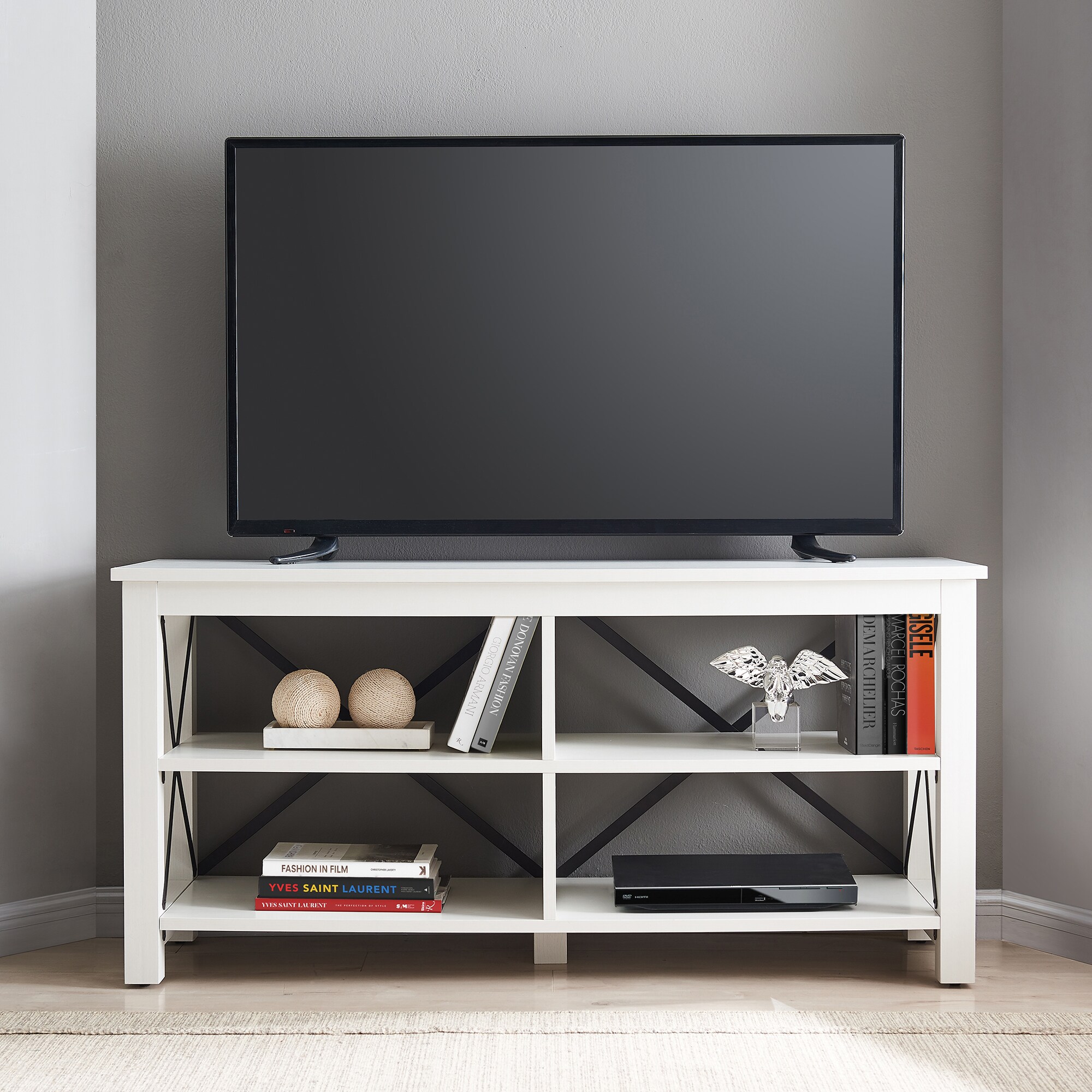 Sawyer Modern Farmhouse 55" White TV Stand with X-Shaped Accents