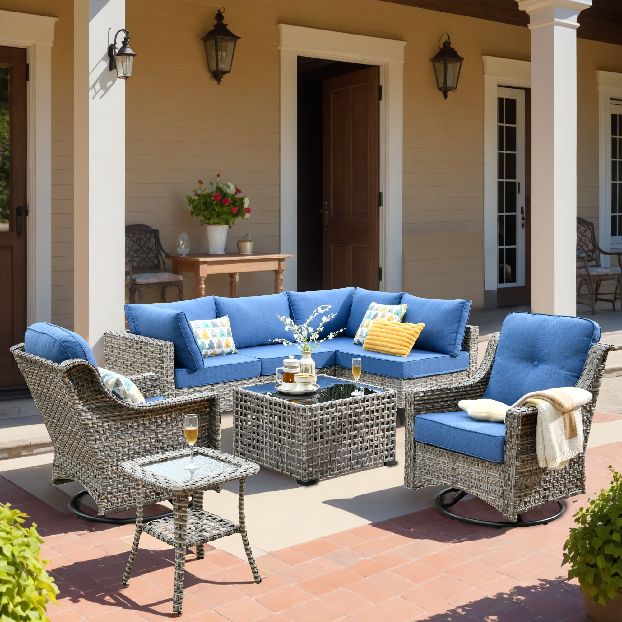Caodoc L5-YZSKT508-1 YZSKT Wicker Outdoor Sofa with Blue Cushions and Wicker Frame