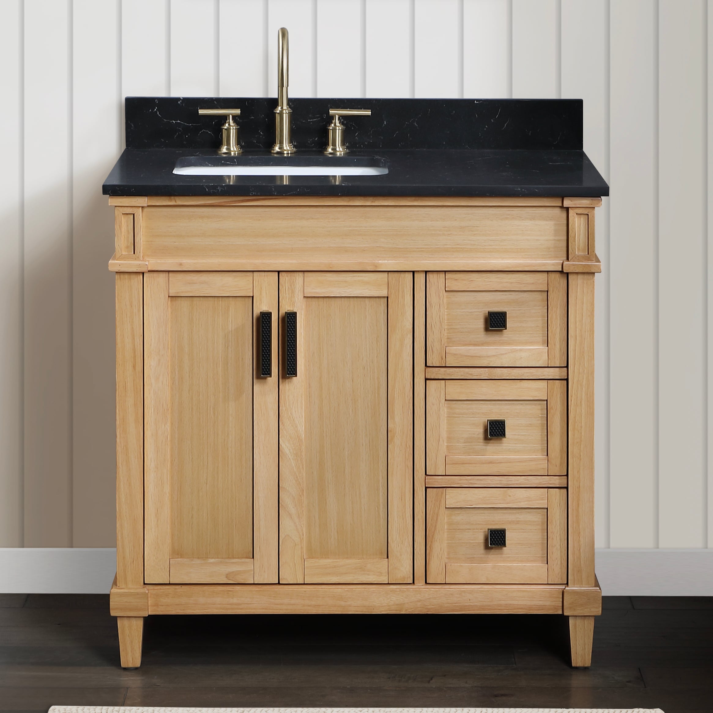 TJAmerican TJ02-28V3622BE Diana 36 in. W x 22 in. D x 35 in. H Single Sink Bath Vanity in Natural Wood Finish with Black Marquina Quartz Top