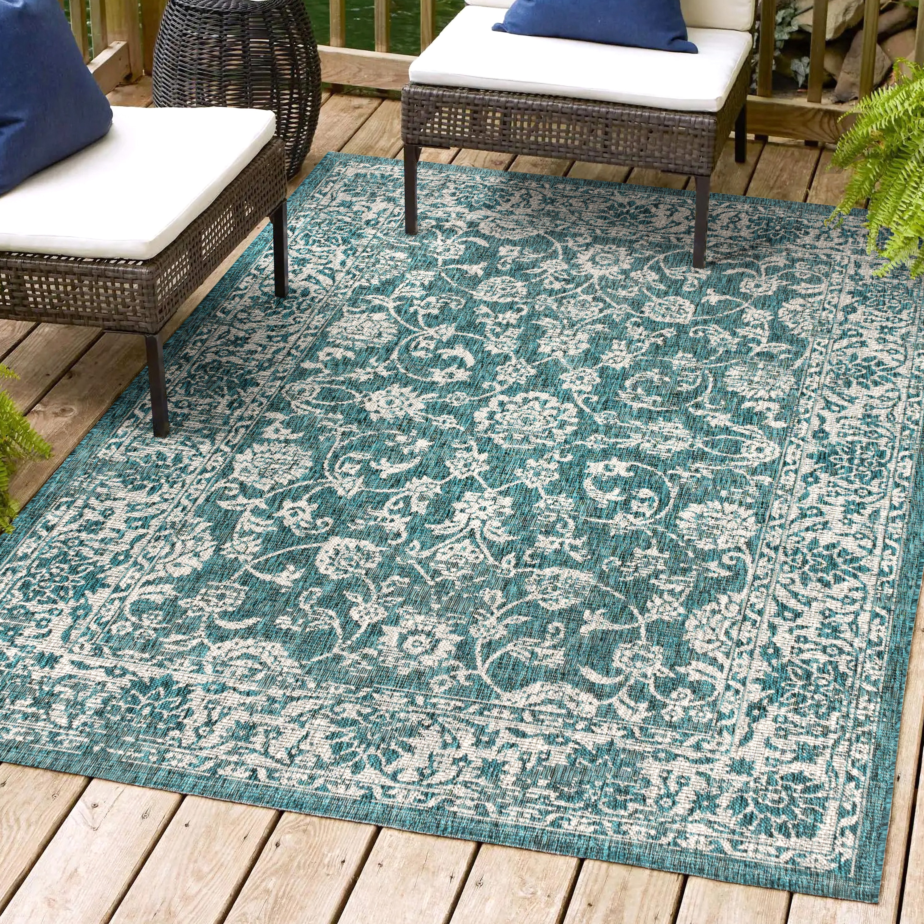 JONATHAN  Y SMB100C-8 Santa Monica Tela Textured Weave Floral 8 x 10 (ft) Loomed Polypropylene Teal/Gray Rectangular Indoor/Outdoor Border Coastal Area rug