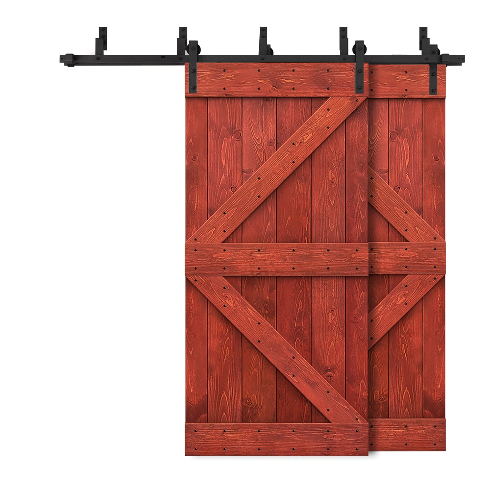 CALHOME 6XBP+SMK96+(2)K42H 84-in x 84-in Cherry Red Knotty pine Wood Solid core Double Bypass Barn Door (Hardware Included)