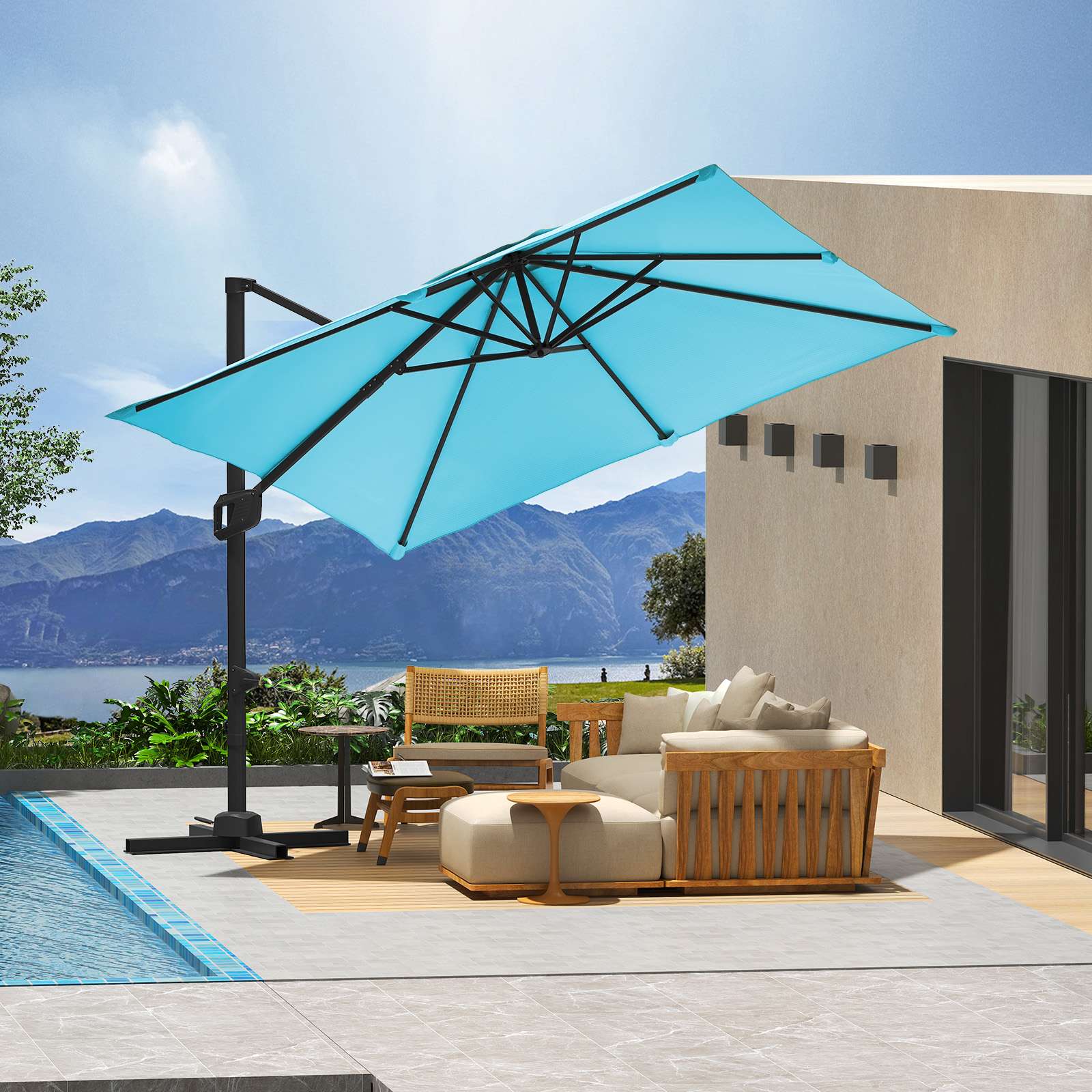 Qeetex SQY-PPG-335TRB7J 10 Ft Square Patio Umbrella Outdoor Cantilever Umbrella 360 Degree Rotatable UV Protection Roman Umbrella For Pool Patio Garden Turquoise Blue