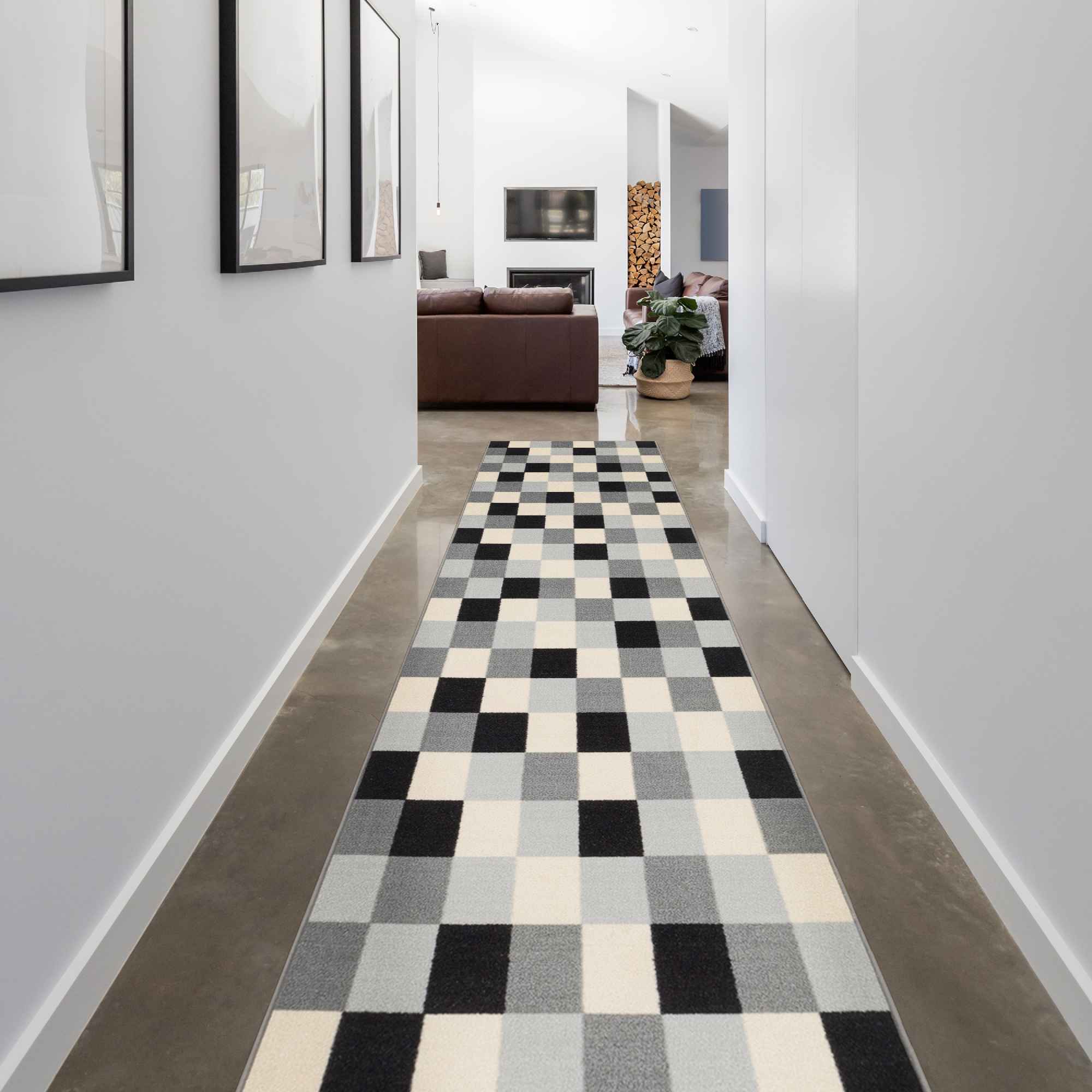 Ottomanson CLS3073-3X10 Checkered Rug For Hallway 3 x 10 (ft) Loomed Nylon Gray Rectangular Indoor Geometric Runner rug