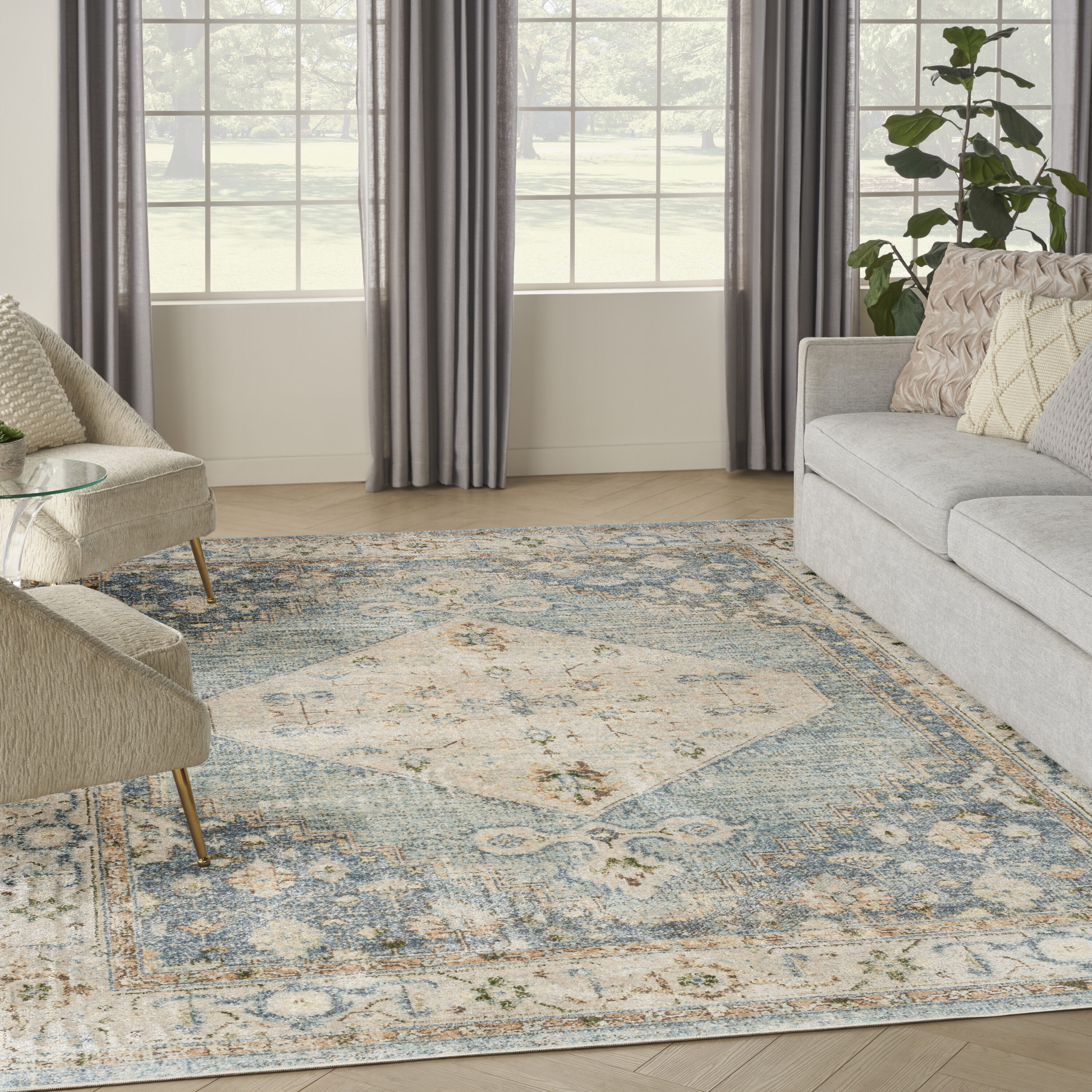 Nourison Home 099446979933 Astra Machine Washable 10 x 14 (ft) Loomed Polyester Silver Blue Rectangular Indoor Medallion Vintage Machine washable Area rug