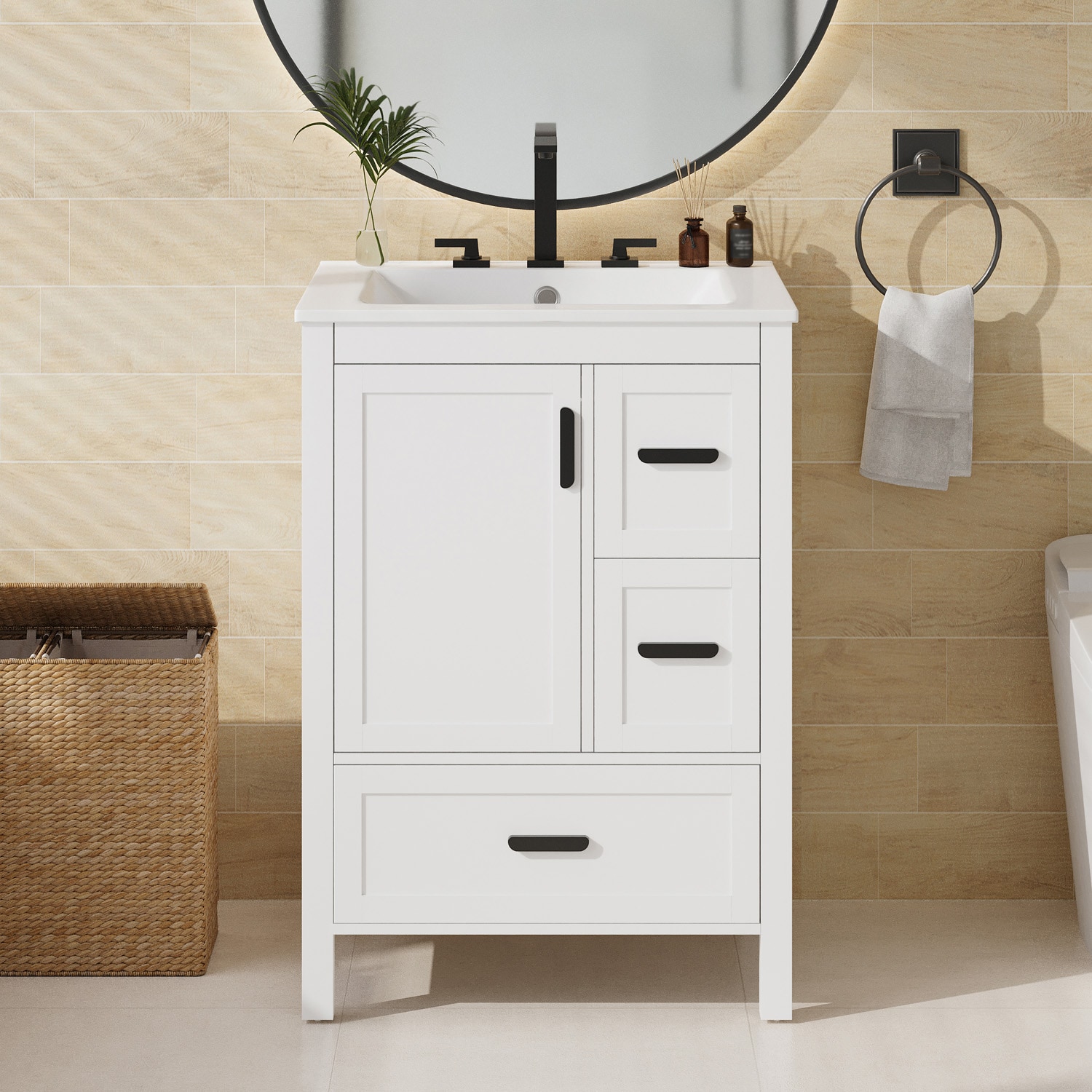ModernLuxe  Modern 24inch Bathroom Vanity with Ceramic Sink SoftClose Door DoubleLayer Door Shelf and 3 Drawers
