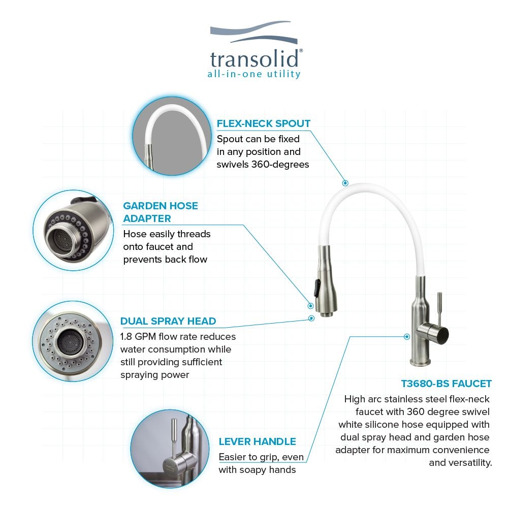 Transolid TCB-2420-WC 24-in Laundry Cabinet Sink Stainless Steel High Arc Faucet and Basket White