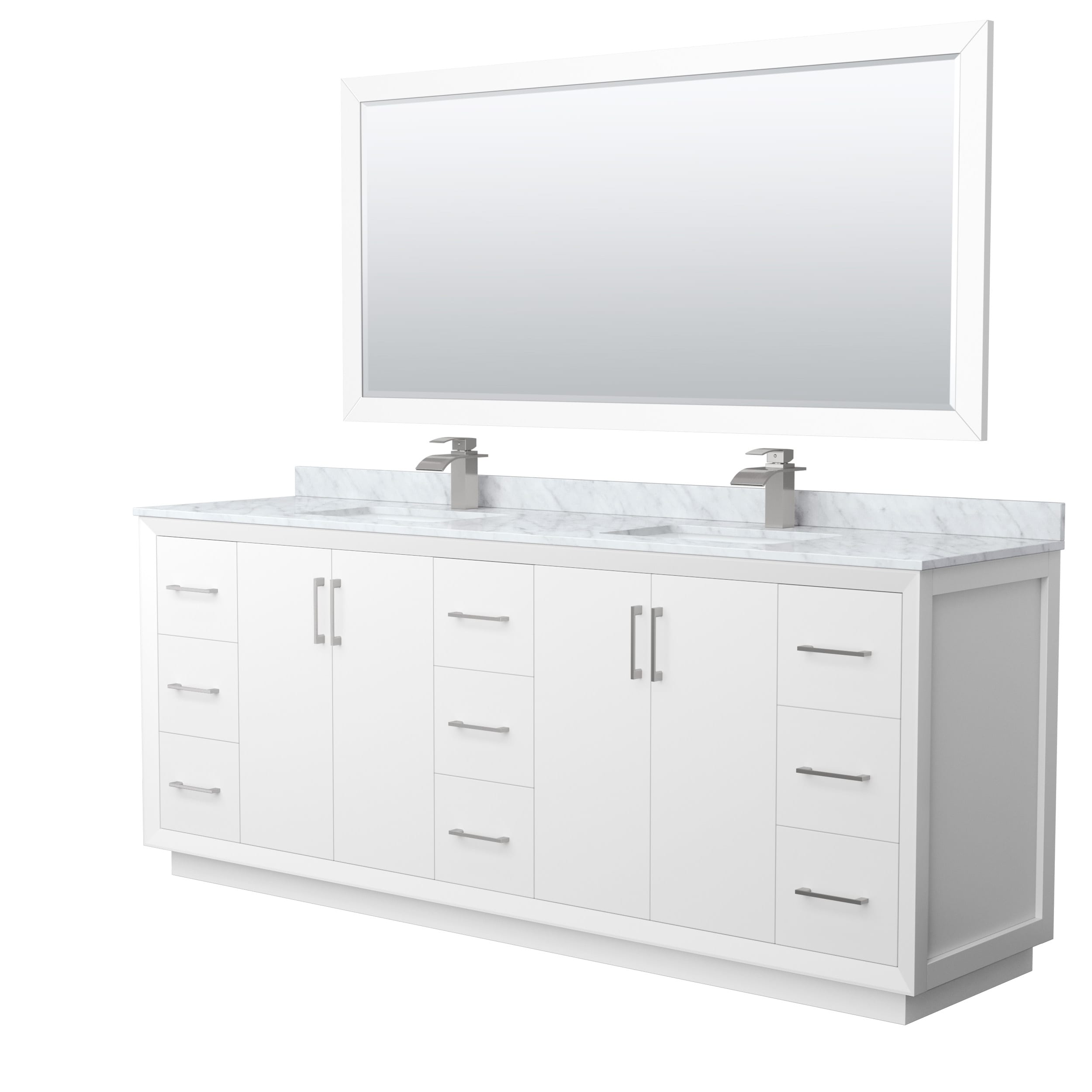 Wyndham Collection WCF414184DWHCMUNSM70 Strada 84-in White with Brushed Nickel Trim Undermount Double sink Bathroom Vanity with White Carrara marble Natural marble Top (Mirror Included)