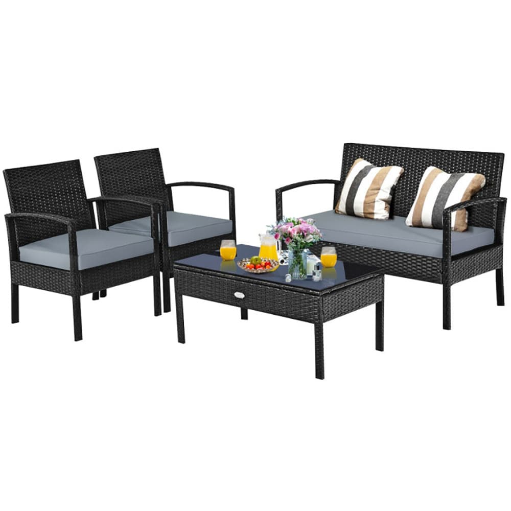 CASAINC WF-SM-KF-C01L 4 -Piece Rattan Patio Conversation Set with Gray Cushions