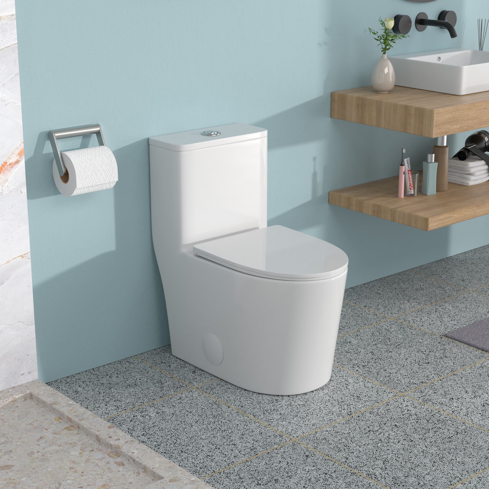 Wooakway - Ceramic One Piece Toilet for Bathroom 12-inch Rough-In 11/16 GPF Dual Flush with Soft ...
