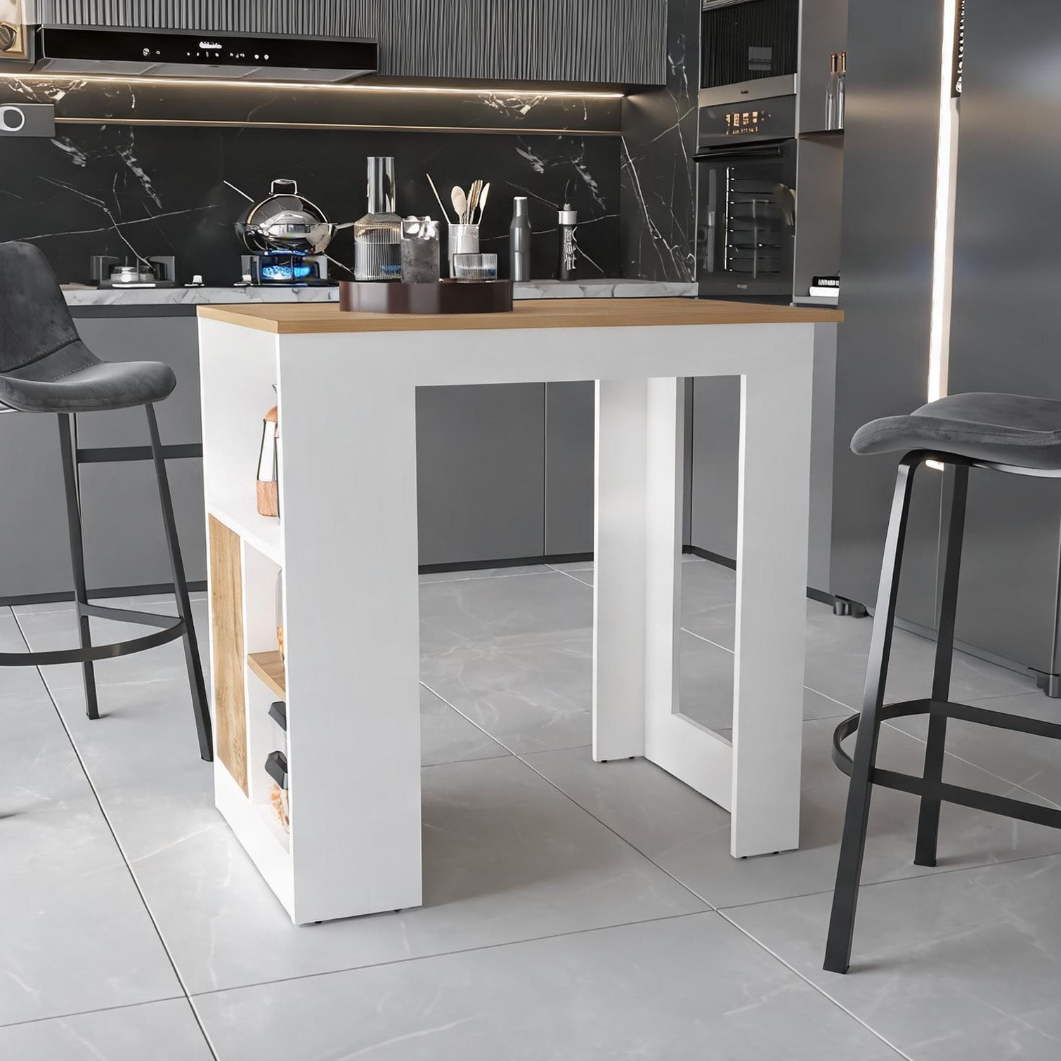 Watnature Kitchen Island Table with Open Storage and Cabinet White ...