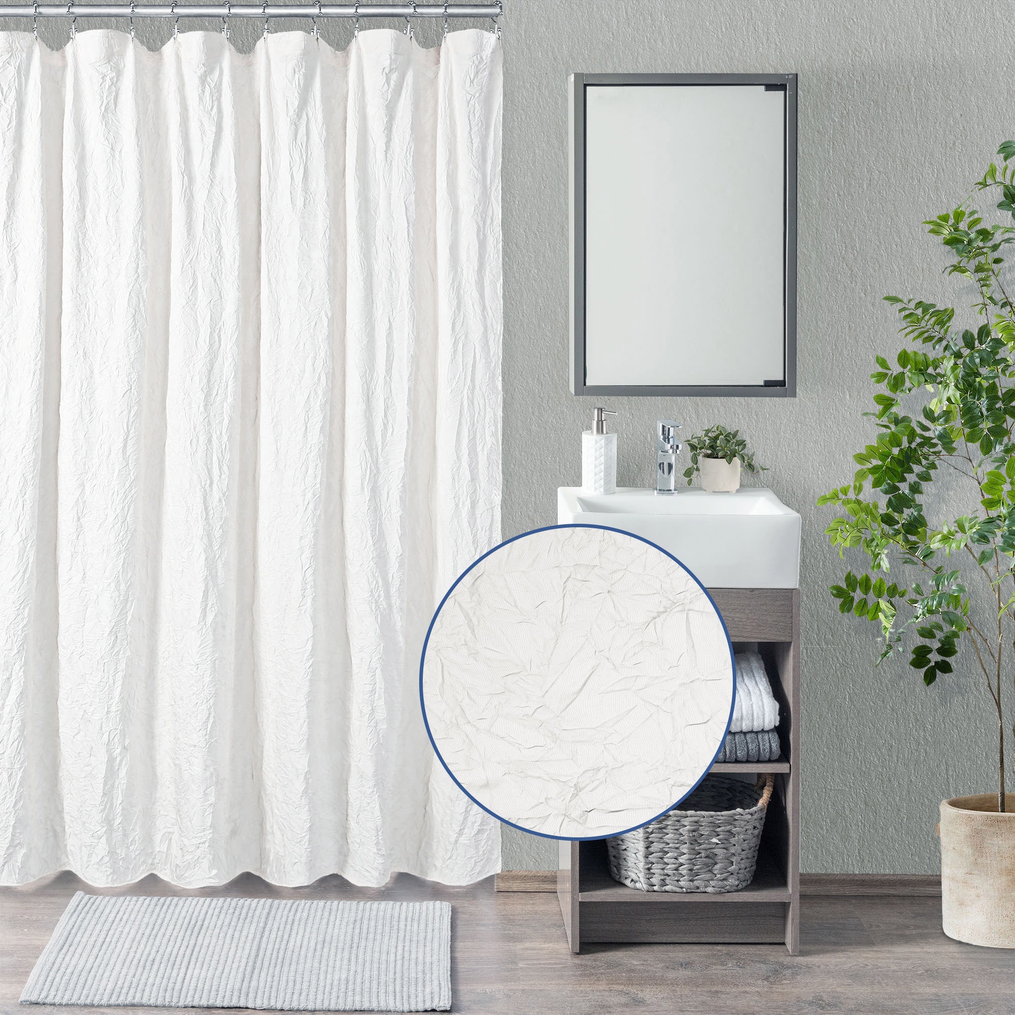 Awesome Home 72-in W x 72-in L White Crinkle Recycled Polyester Water Repellent Shower Curtain
