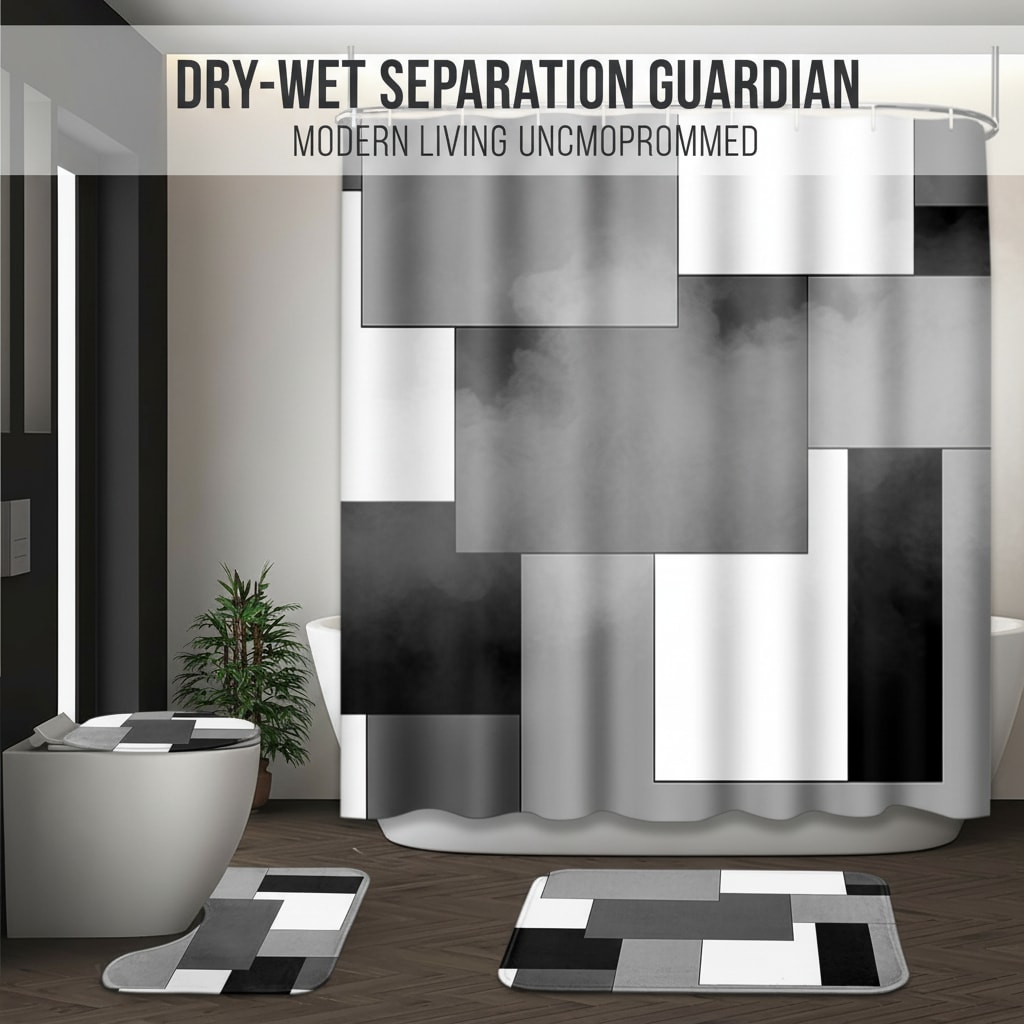 Paradigms Interiors 4 Piece Grey Geometric Shower Curtain Set with Checkered Pattern Includes Toilet Lid Cover and Non-Slip Bath Mats with 12 Hooks 72x72 Inches