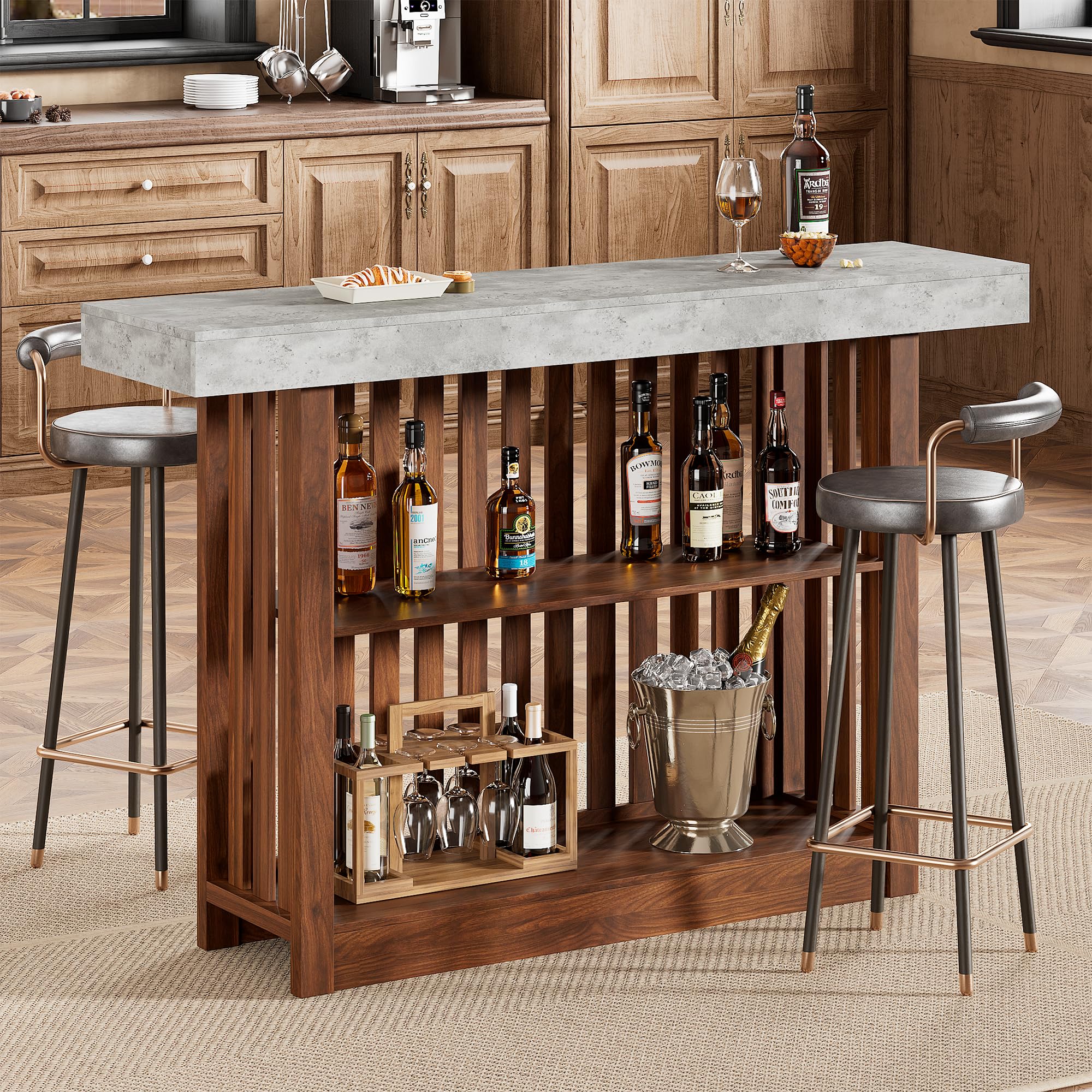 Modern Industrial Two Tier Bar Table 63 Inch Counter Height Design with Integrated Storage Shelves Perfect for Dining and Entertaining