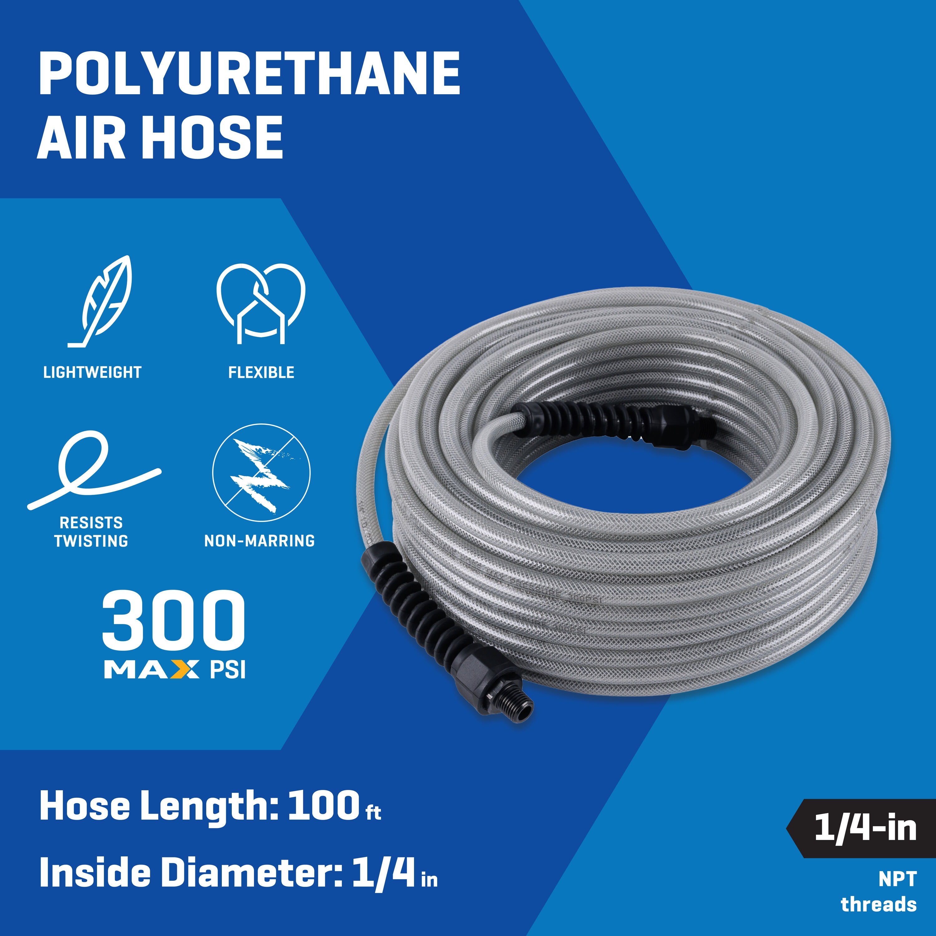 Air Hose 1/4 in x 25 ft, Polyurethane(PU), Reinforced Air Compressor Hose,  Lightweight, Kink Resistant with 1/4” Industrial High Flow Quick