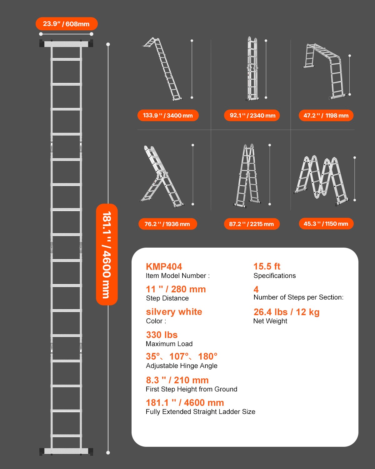 VEVOR Multi-Purpose Folding Ladder 7-in-1 Tall Extension Step Ladder A ...