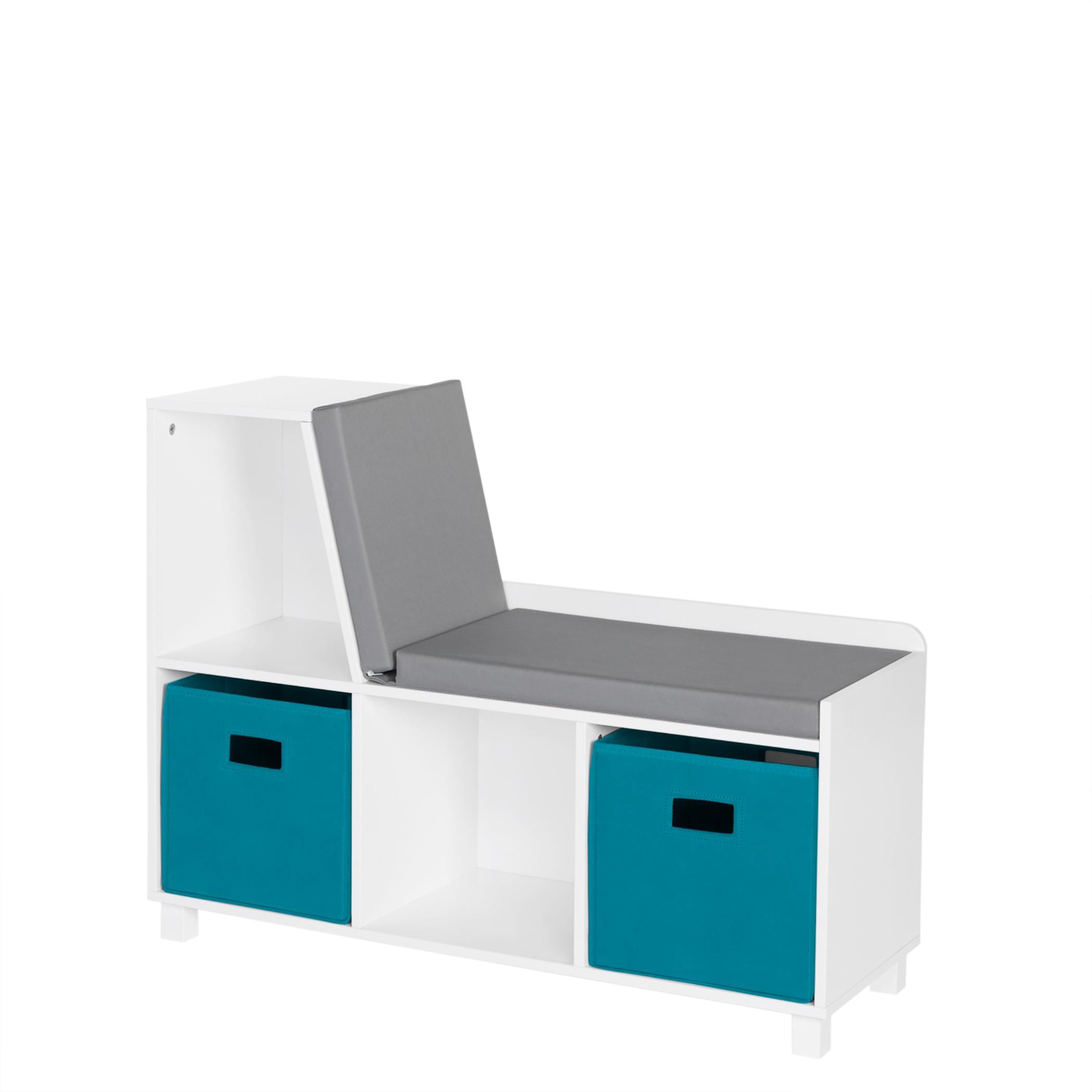 RiverRidge 02-173K Book Nook Storage Bench Casual White with 2 Pc Turquoise Bins Storage Bench with Storage 35-Inches x 12.38-Inches x 26.5-Inches