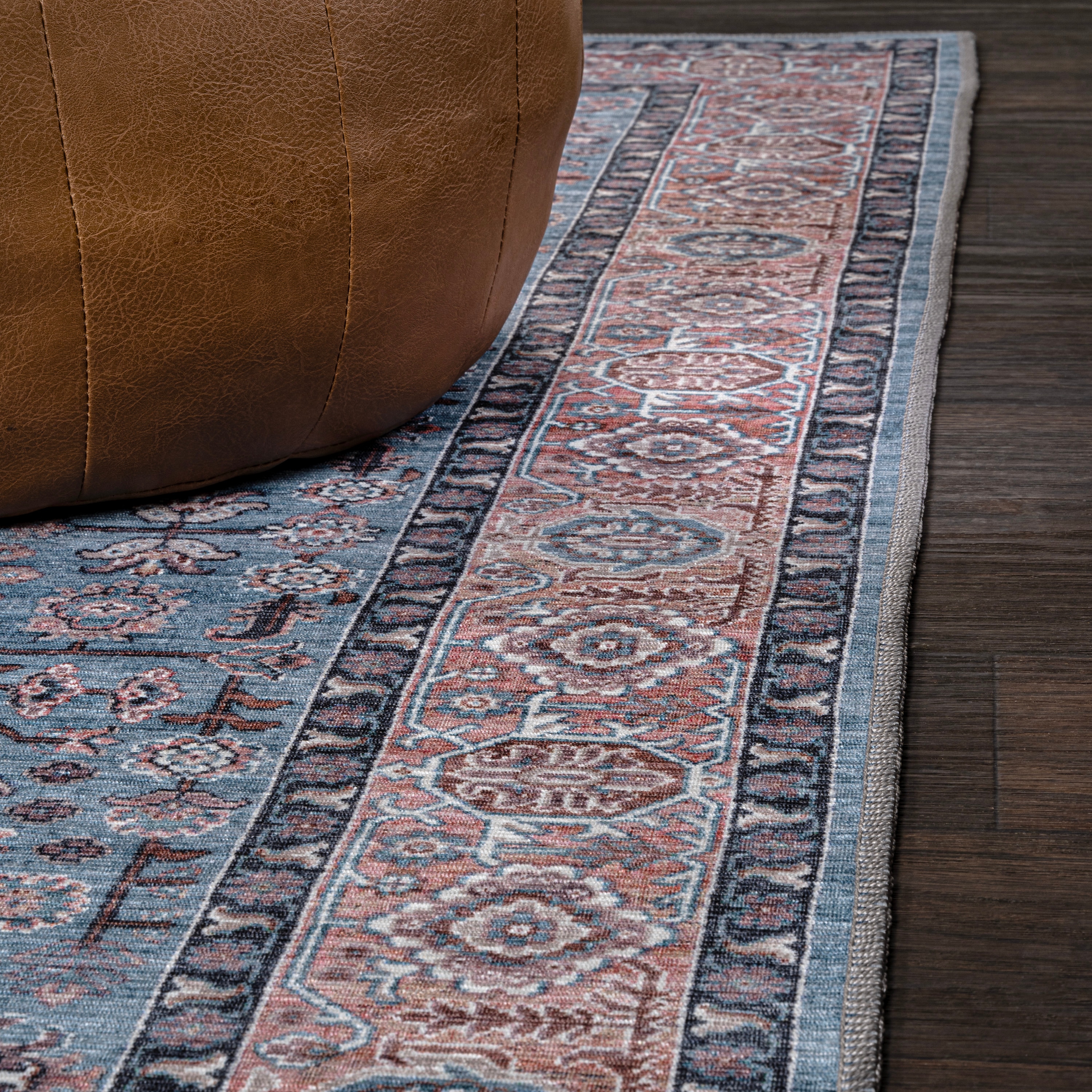 Persian-Inspired Blue and Red Chenille Washable Area Rug