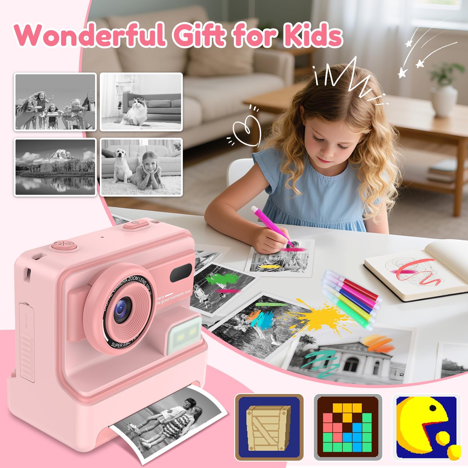 Etokfoks Kids Camera Instant Print with Dual Lens 1080P Video 2 4 Inch ...