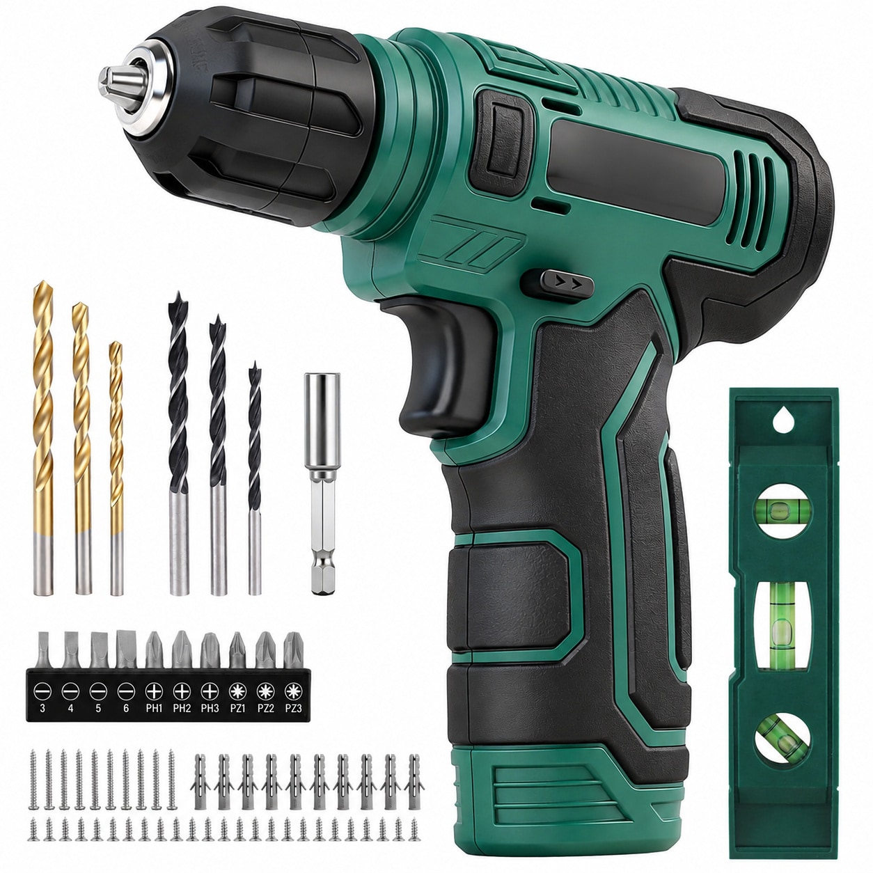 Avid Power Cordless Rechargeable Power Drill Driver Set With Bits Hanging Kit And Level For Home Diy Repairs